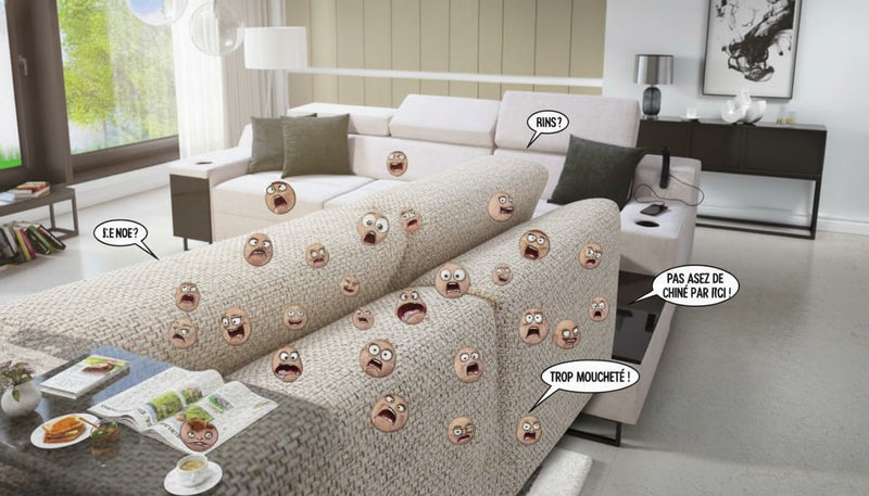 Image centrée sur un canapé fait de tissu chiné. La forme exacte du canapé n'est pas précisée.