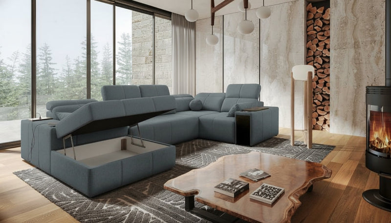 Image d'un canapé de grande taille, de type panoramique, équipé de fonctionnalités relax électriques.