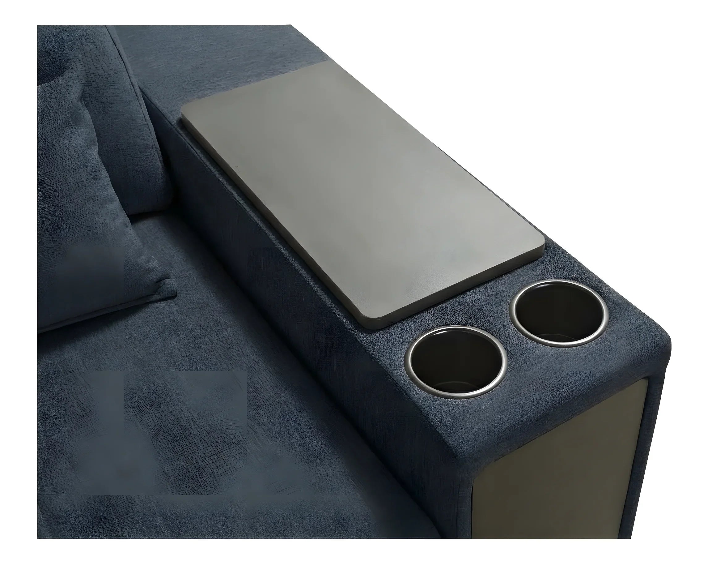 Accoudoir de canapé bleu en tissu avec tablettes grises et deux porte-gobelets en métal, parfait pour le salon