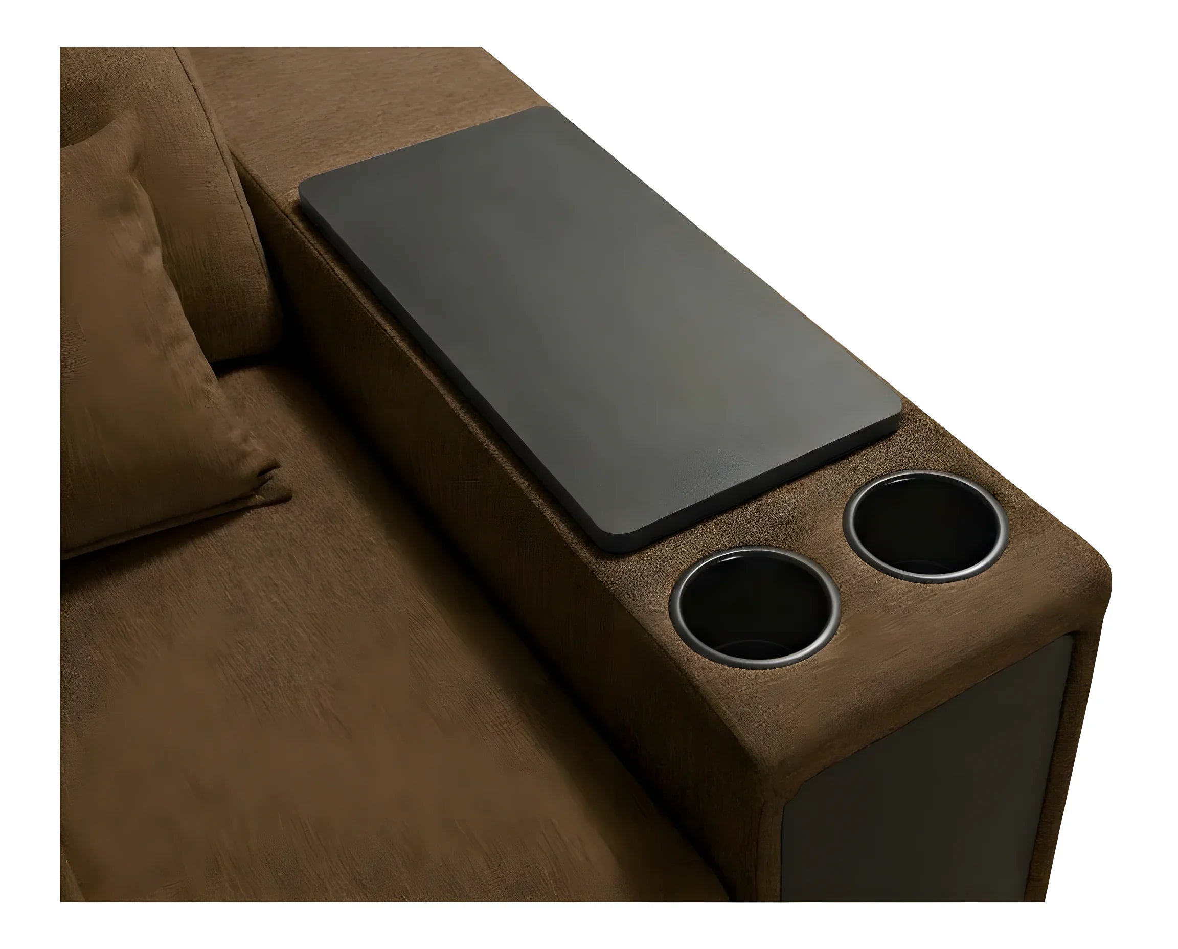 Accoudoir de canapé marron en tissu avec deux porte-gobelets et une tablette noire pour salon