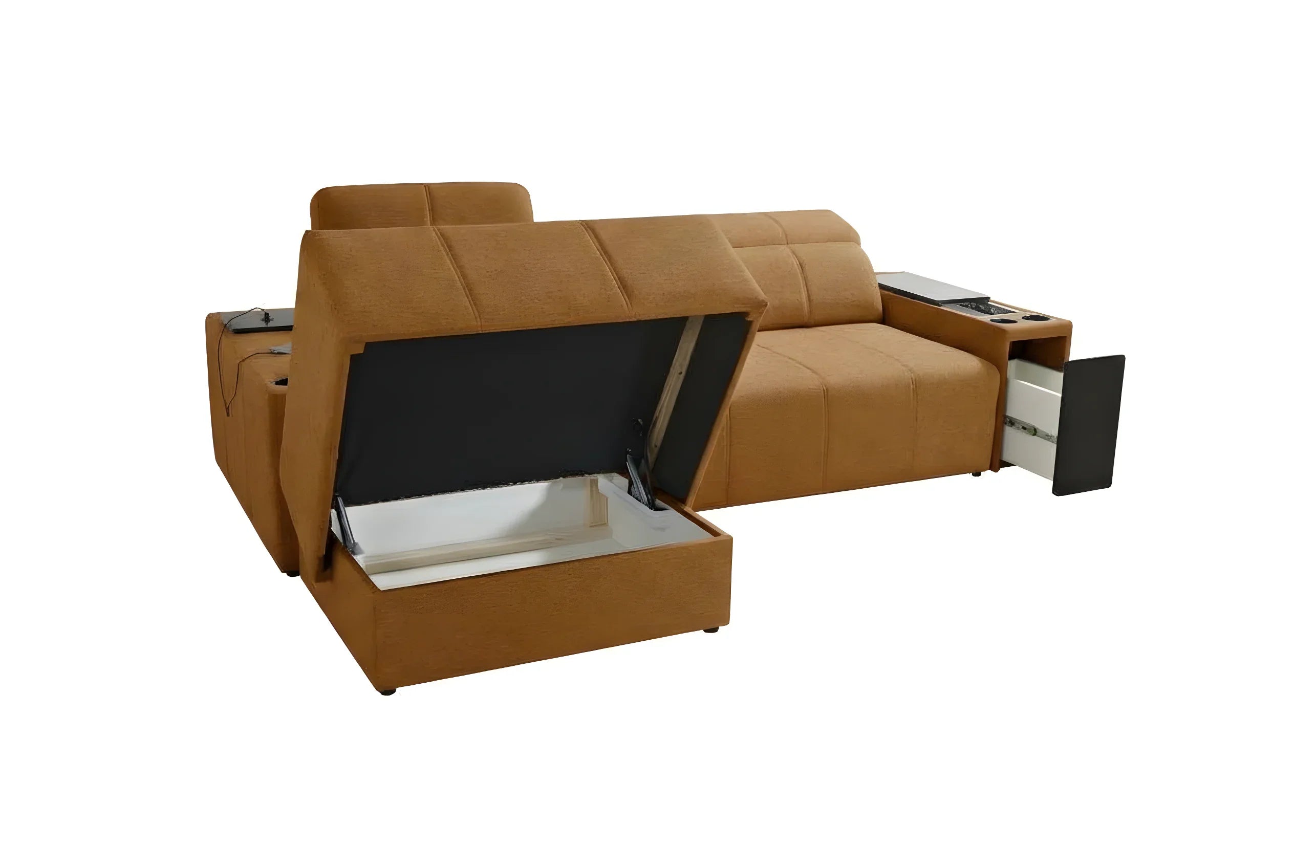 Canapé d'angle convertible marron en tissu avec coffre de rangement, et table intégrée dans un salon