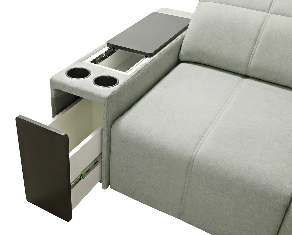 Canapé d'angle gris clair avec accoudoir intégrant table, porte-gobelets et tiroir de rangement