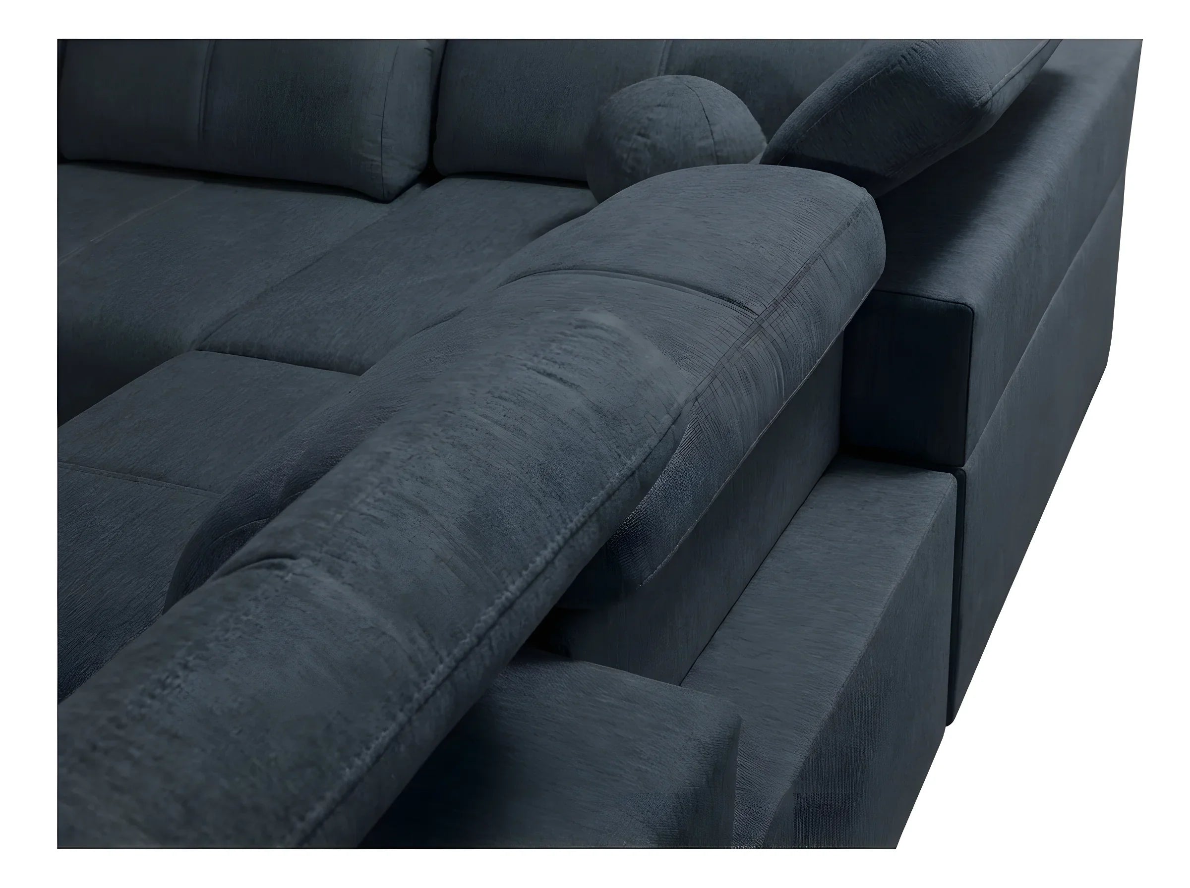 Canapé d'angle bleu anthracite en tissu texturé, design contemporain pour salon confortable