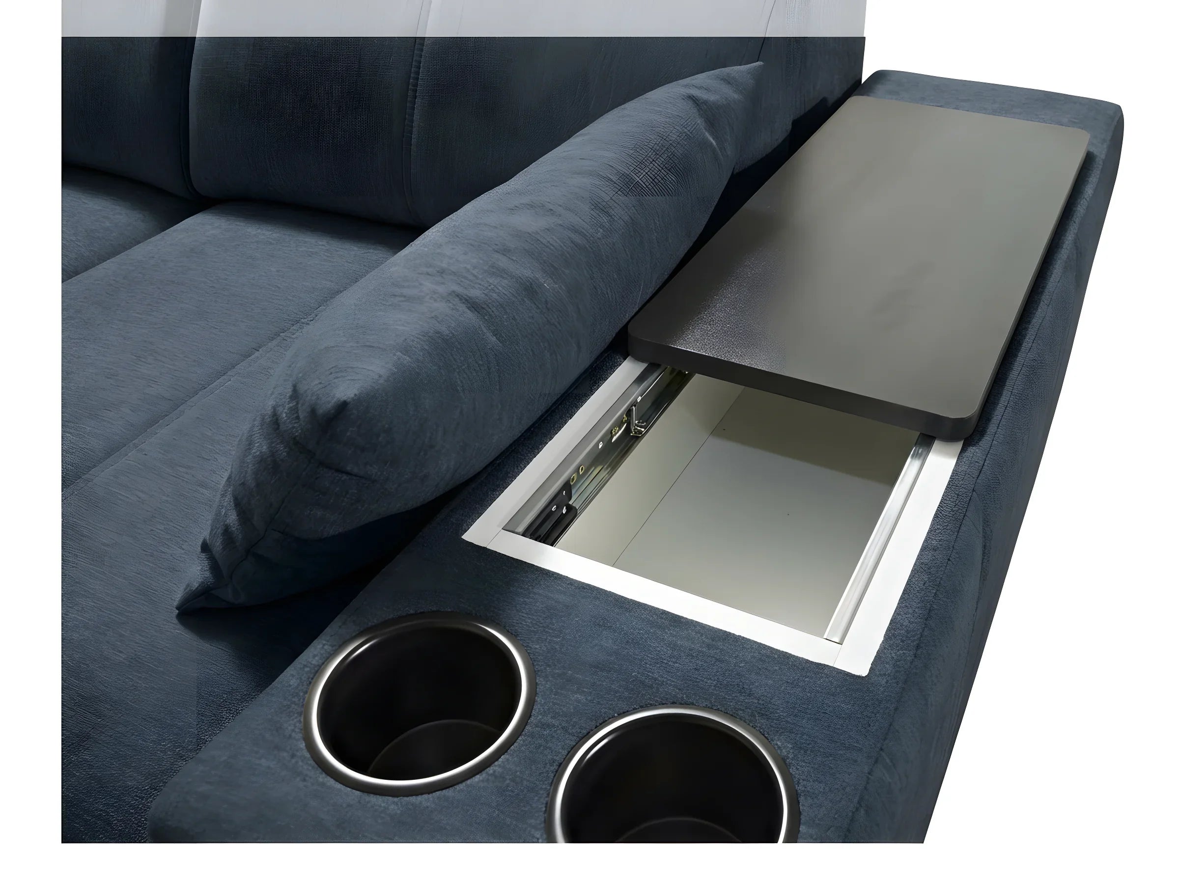 Canapé d'angle en tissu bleu avec deux porte-gobelets argentés et une tablette rabattable, idéal salon