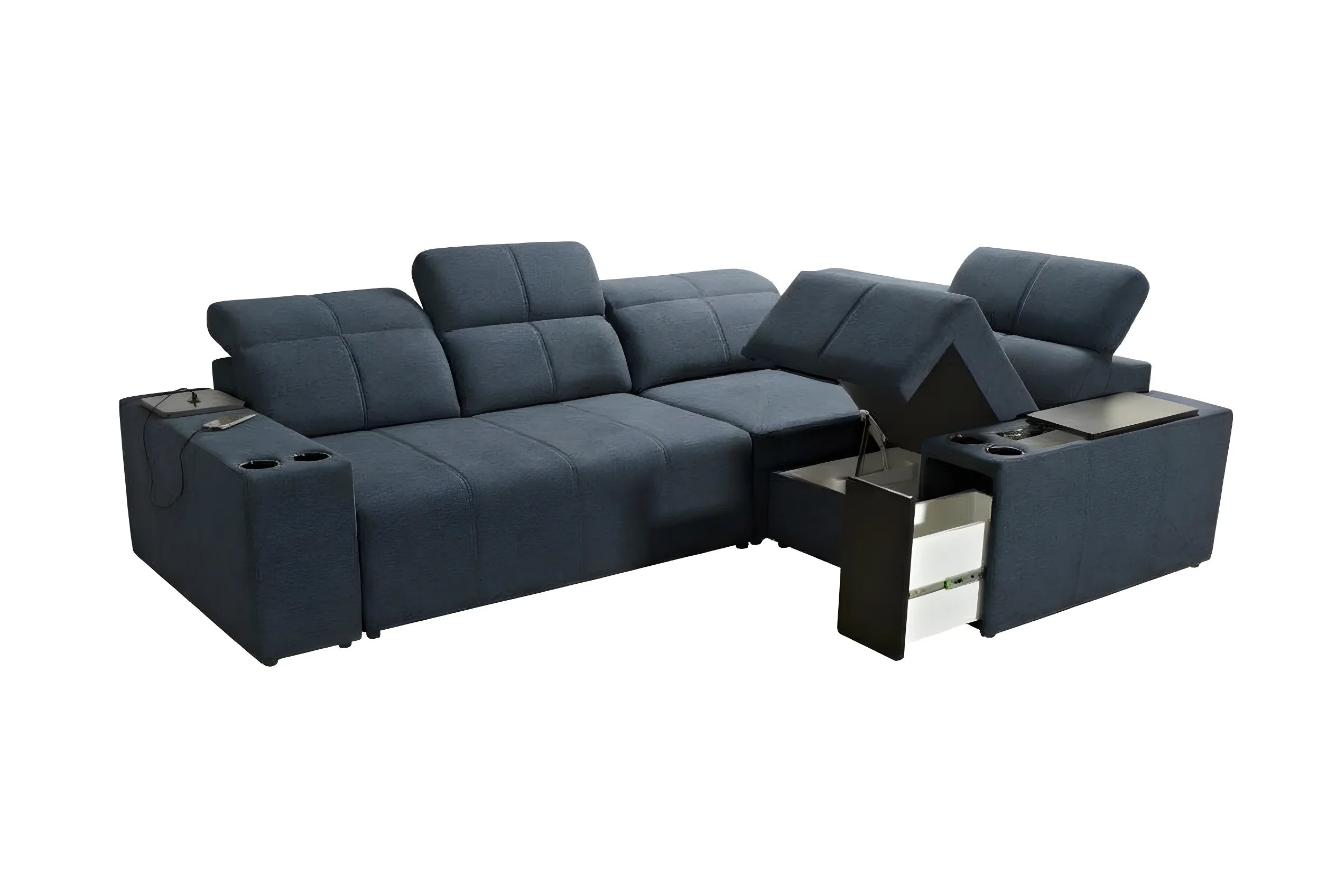 Canapé d'angle en tissu bleu avec accoudoirs, porte-gobelets, rangements intégrés et têtières réglables pour salon moderne