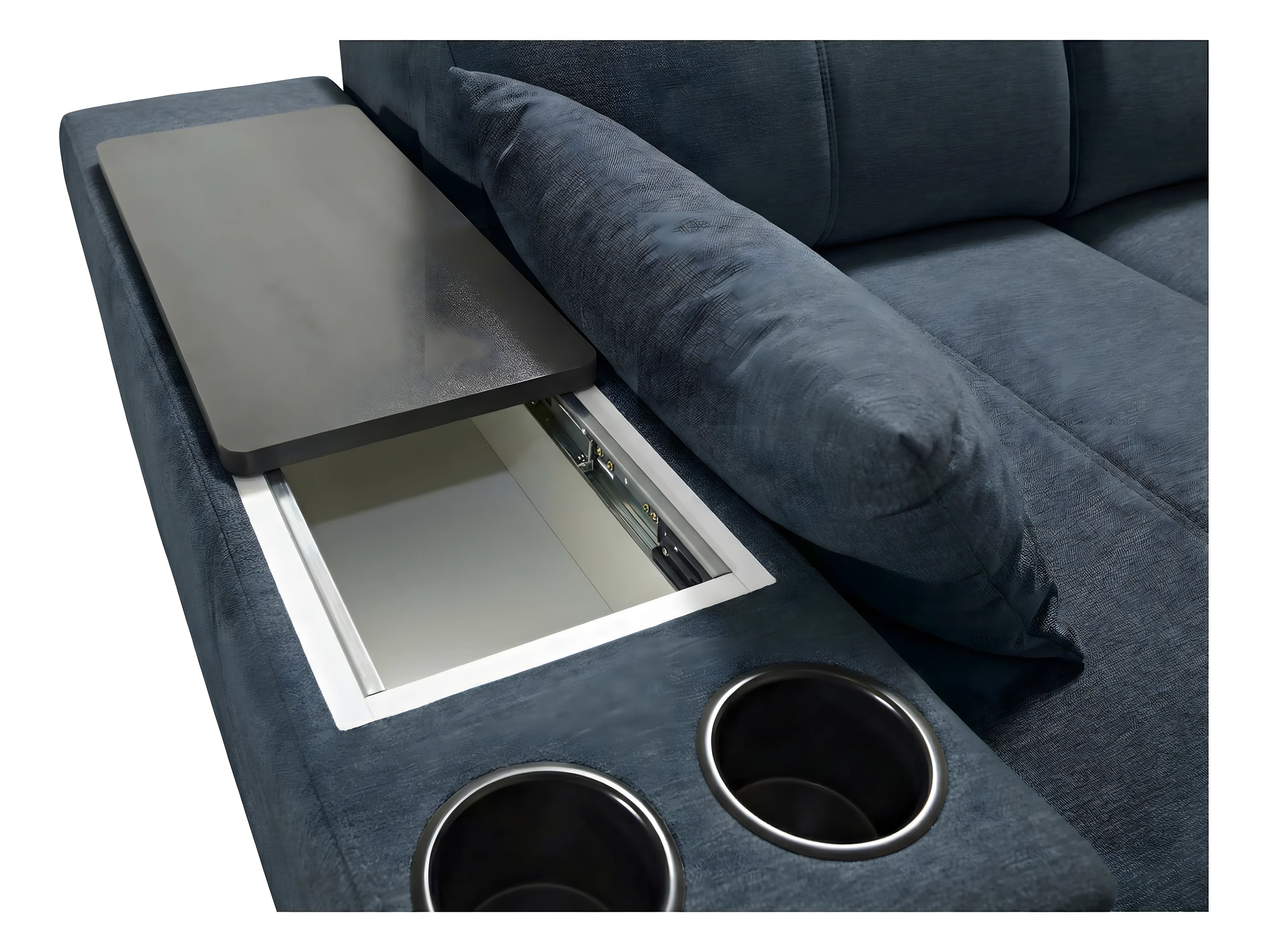 Canapé d'angle bleu en tissu texturé avec tablette relevable, deux porte-gobelets argentés et coussin moelleux
