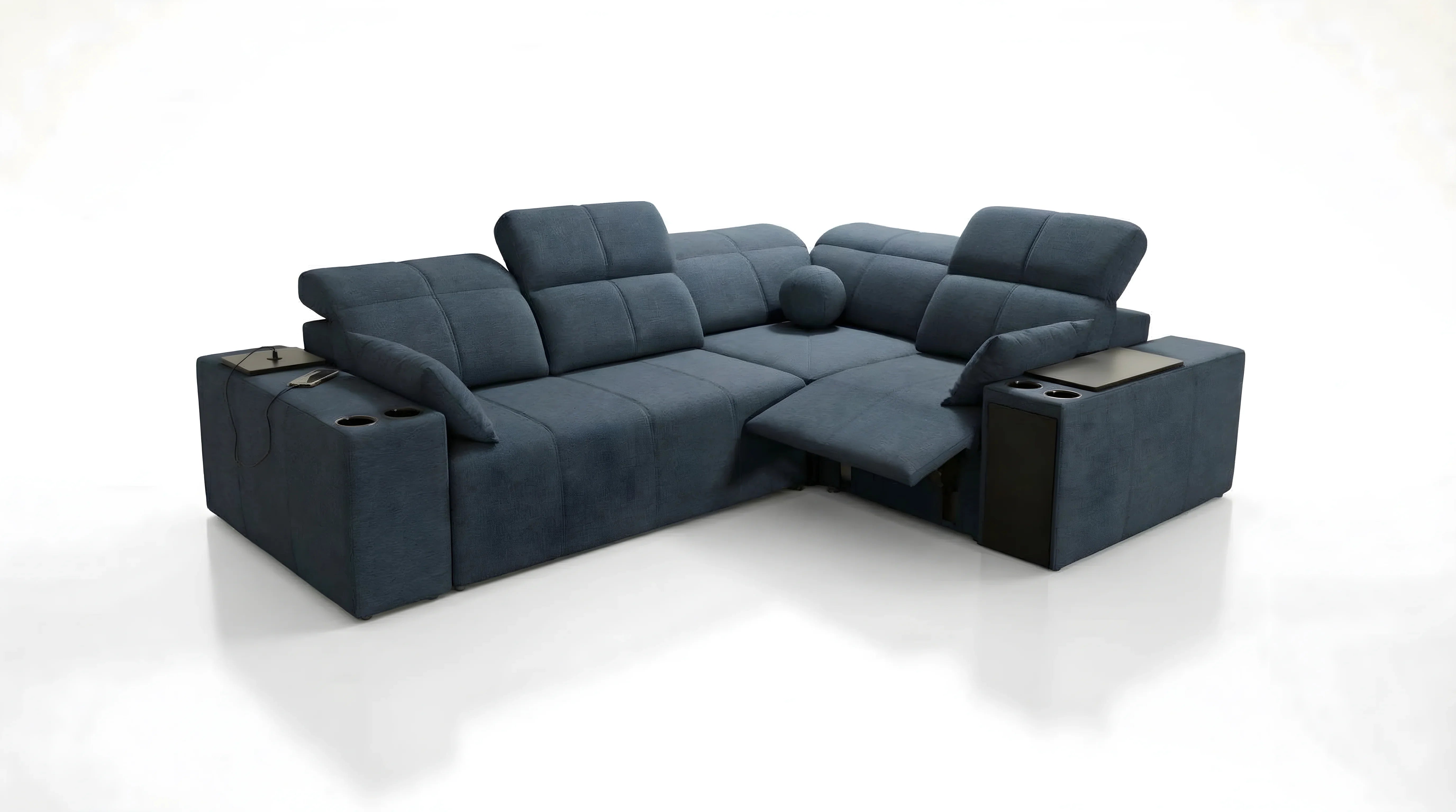Canapé d'angle bleu en tissu avec accoudoirs, porte-gobelets et tablette, idéal pour salon moderne