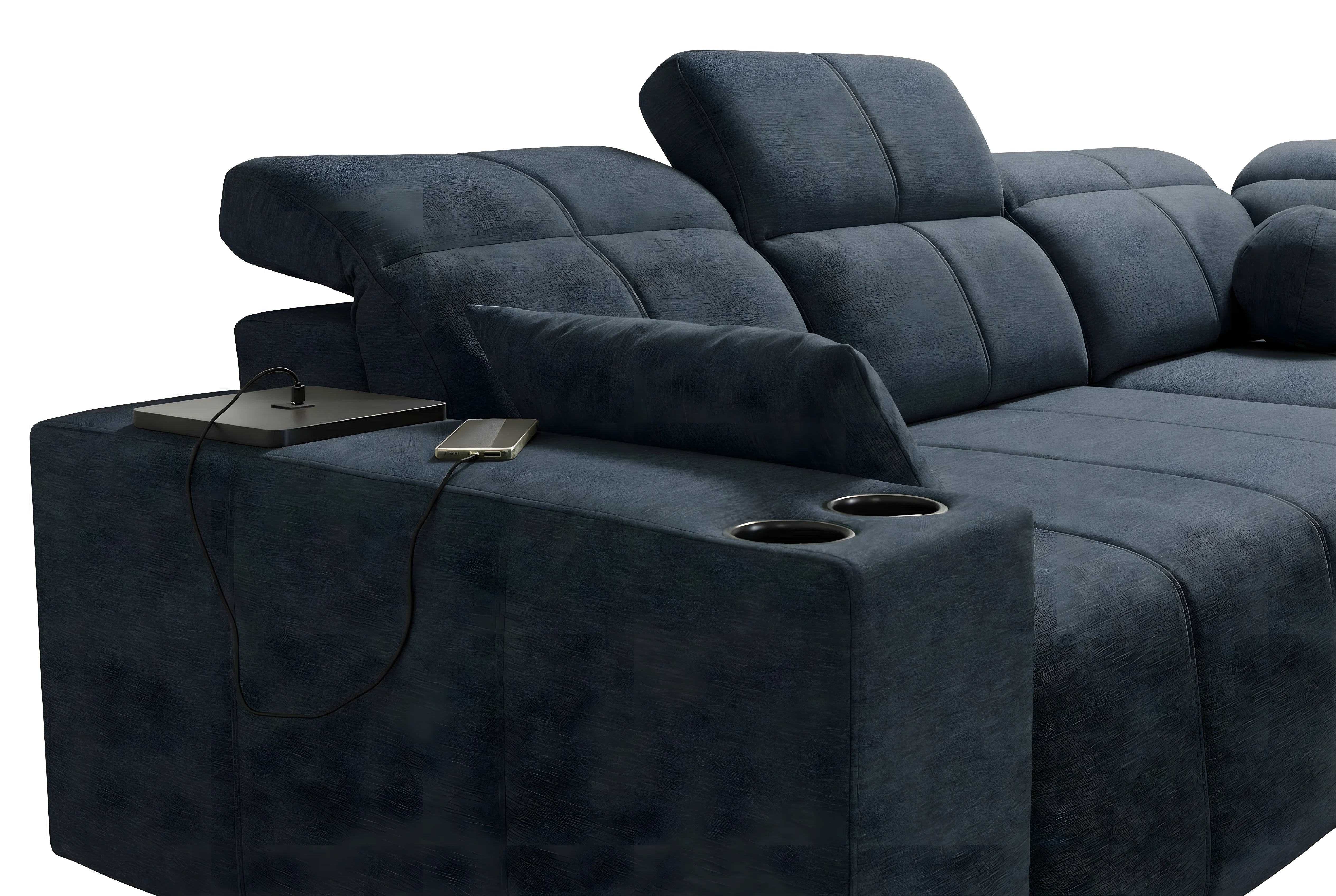 Canapé d'angle bleu en tissu texturé avec coussins, recharge de téléphone et deux porte-gobelets intégrés