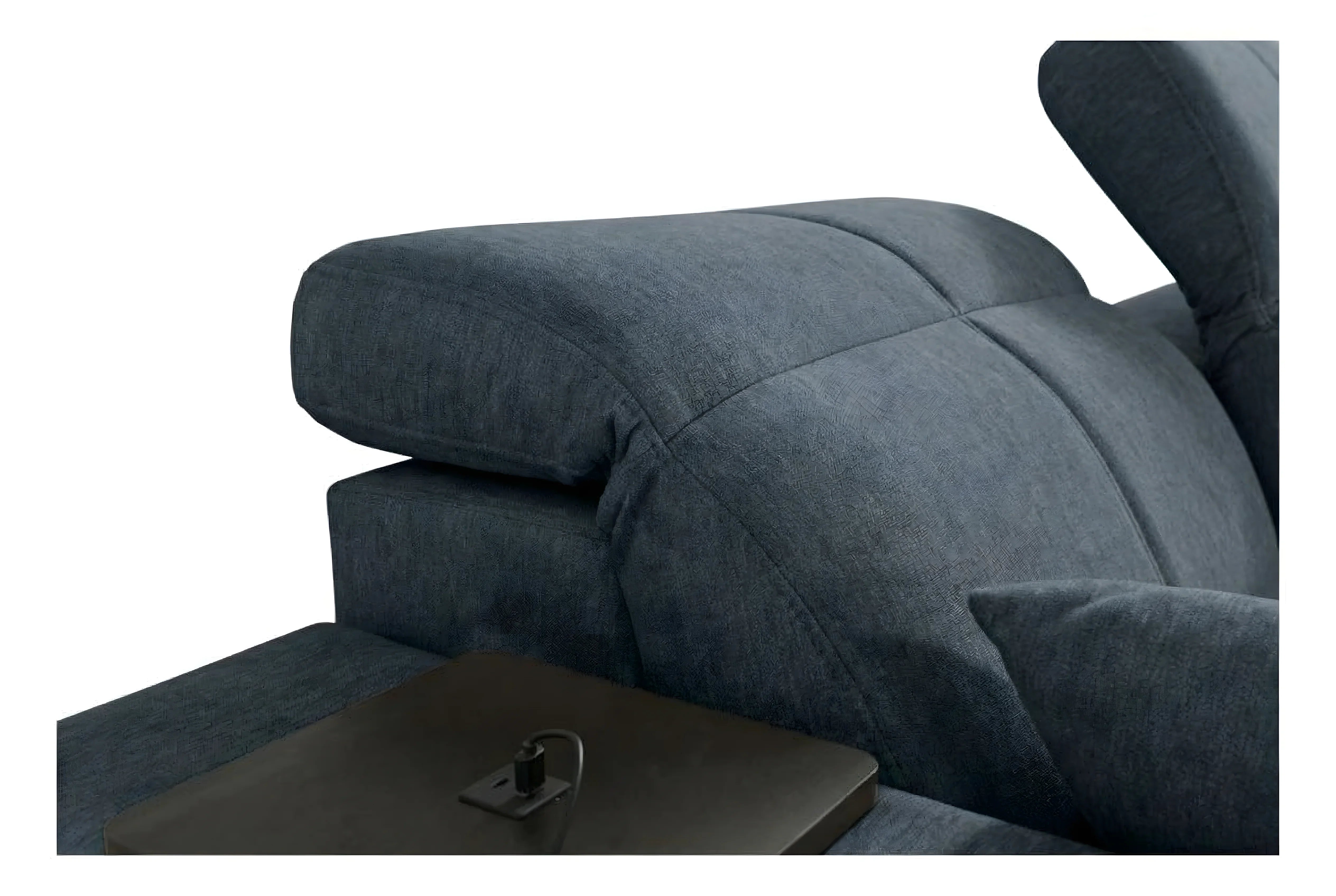 Canapé d'angle bleu foncé en tissu texturé, design moderne, avec table intégrée, photo rapprochée