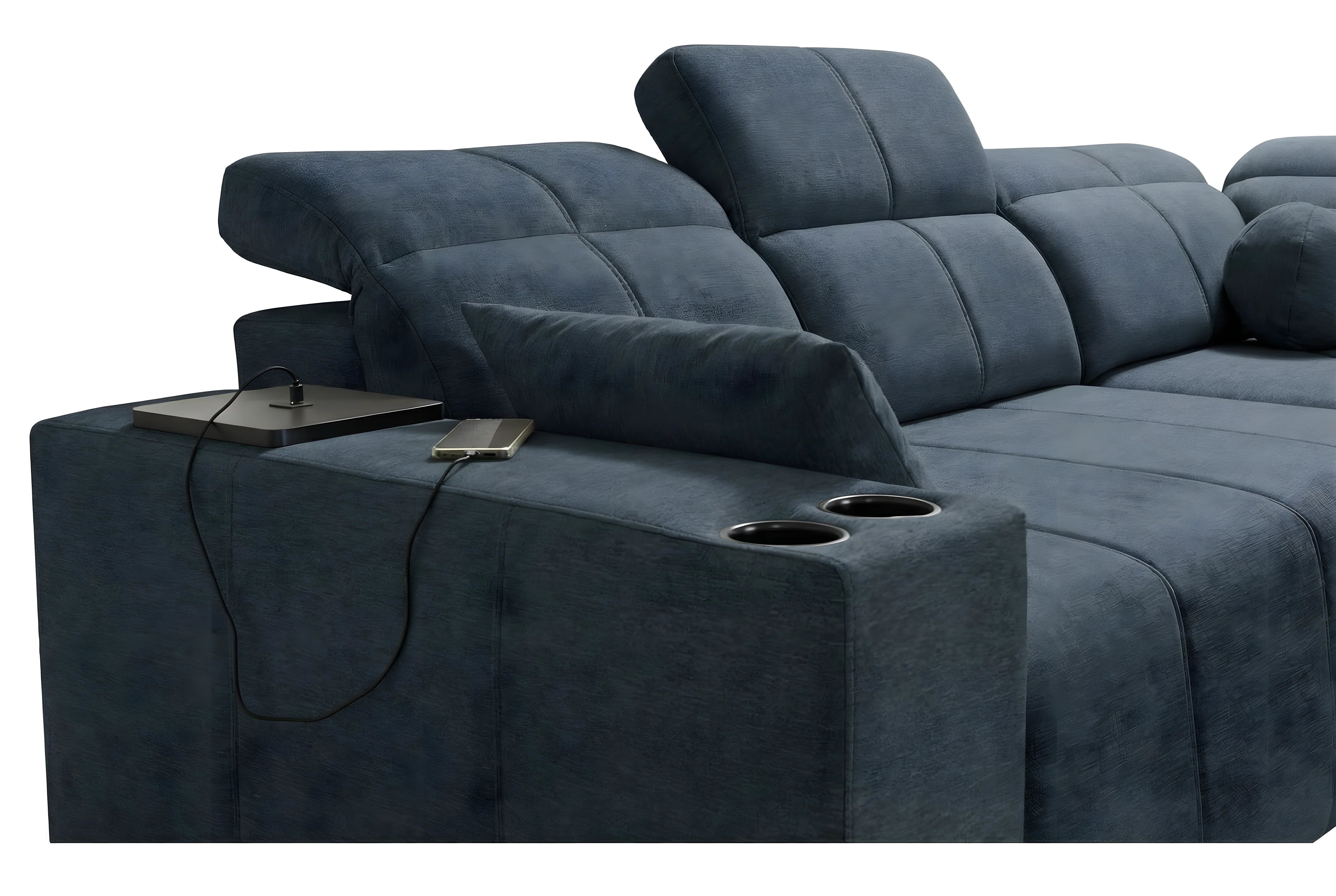 Canapé d'angle bleu en tissu de qualité, avec accoudoirs, porte-gobelets et chargeur, pour salon moderne