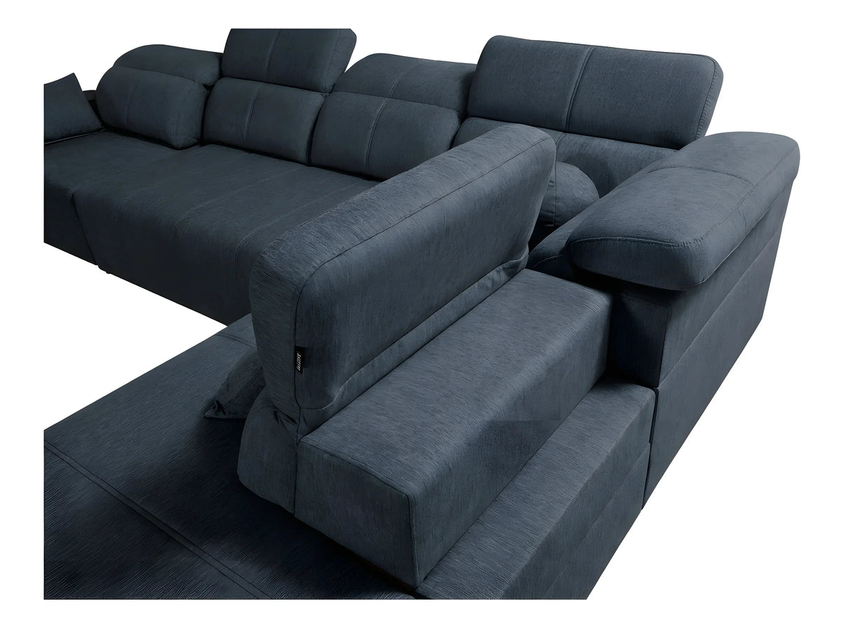 Canapé d'angle bleu en tissu texturé, confortable et moderne pour un salon cosy et élégant, vue rapprochée