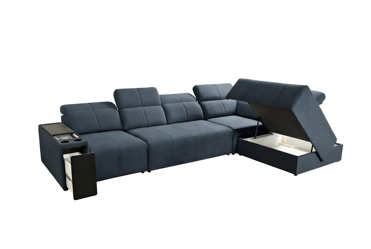 Canapé d'angle bleu en tissu, convertible avec rangement intégré, idéal salon moderne