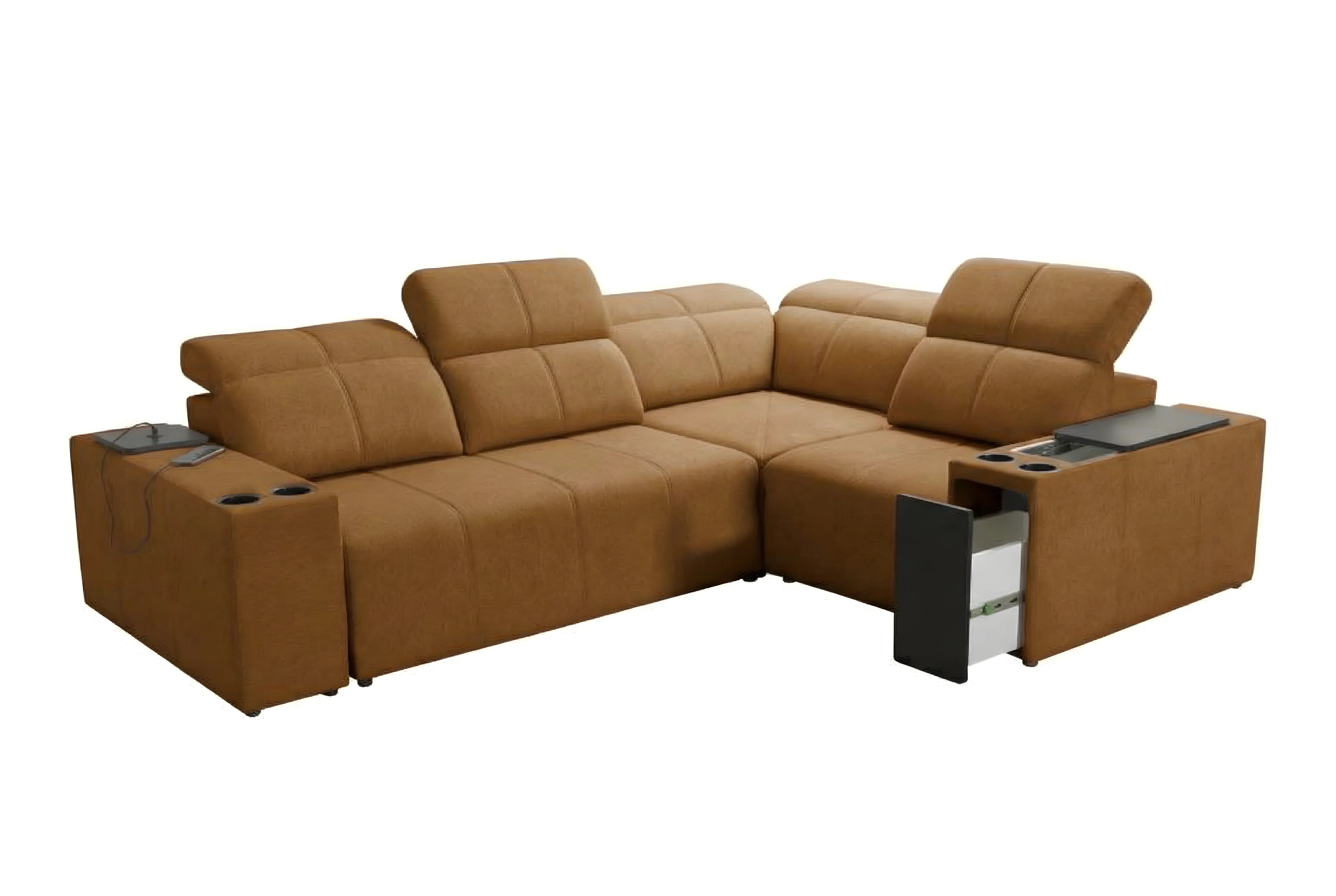 Canapé d'angle brun en tissu, design moderne avec accoudoirs, porte-gobelets et tiroirs intégrés, ambiance salon