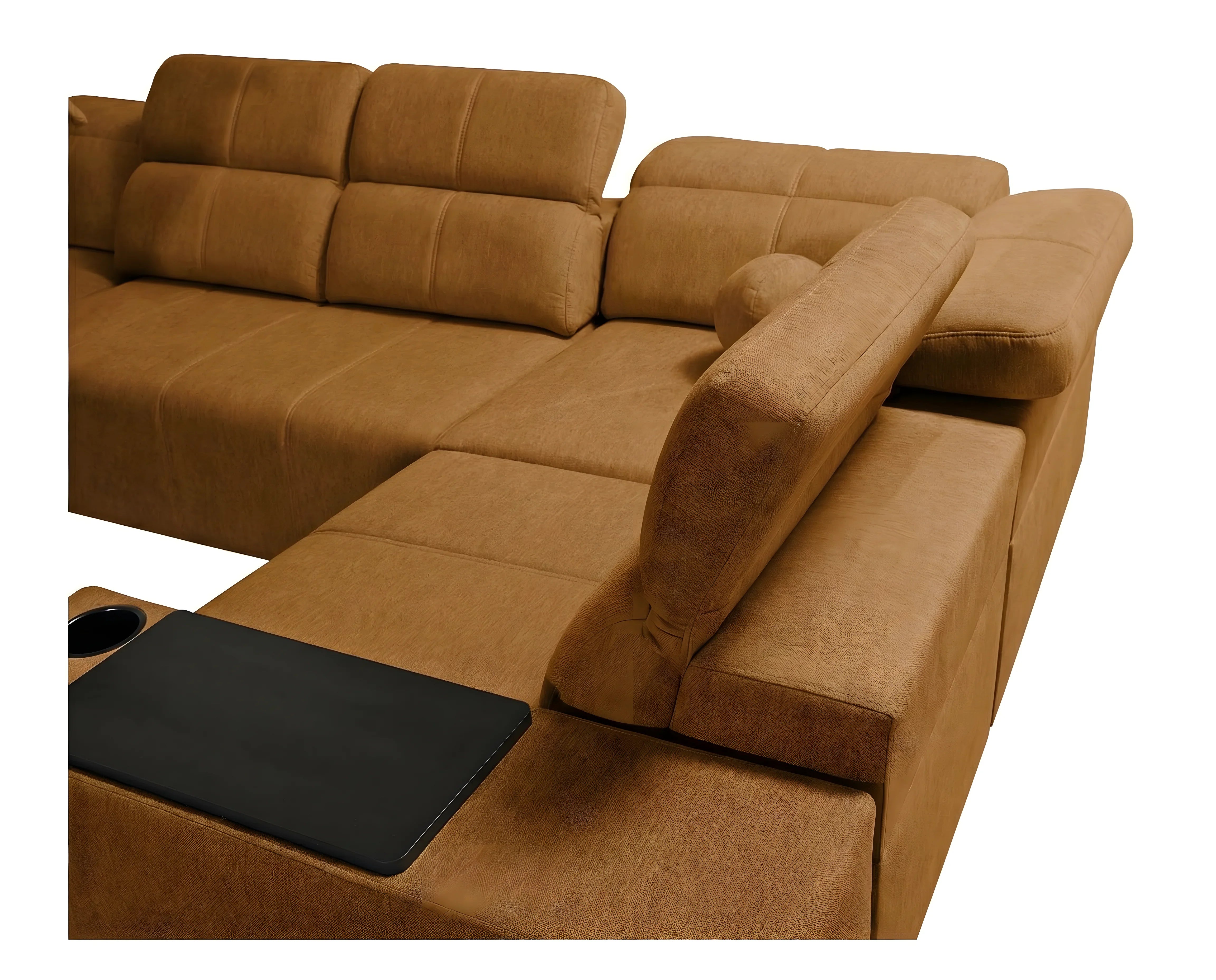 Canapé d'angle brun en tissu, avec accoudoir et table noire intégrée, idéal pour salon moderne