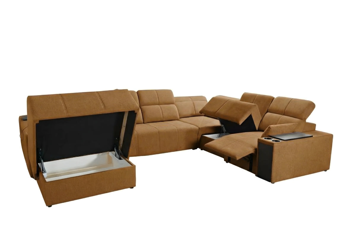 Canapé d'angle convertible marron en tissu avec accoudoirs et rangements, idéal salon moderne