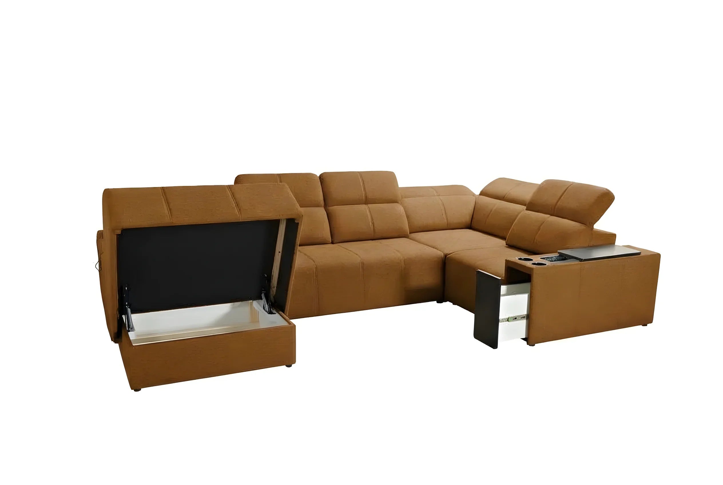 Canapé d'angle marron en tissu avec coffre de rangement, idéal pour salon moderne