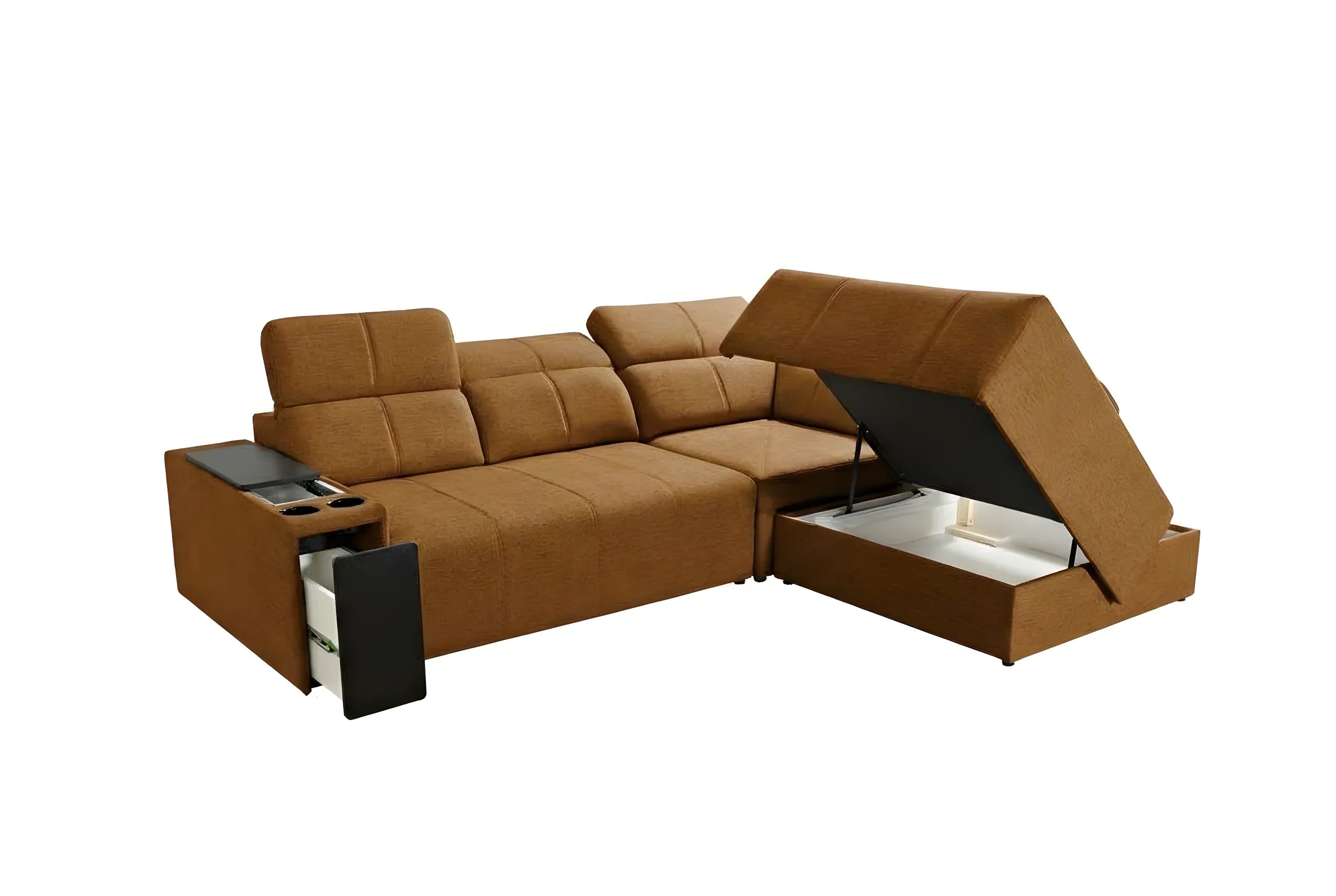 Canapé d'angle convertible marron en tissu avec accoudoirs et espace de rangement ouvert, ambiance salon