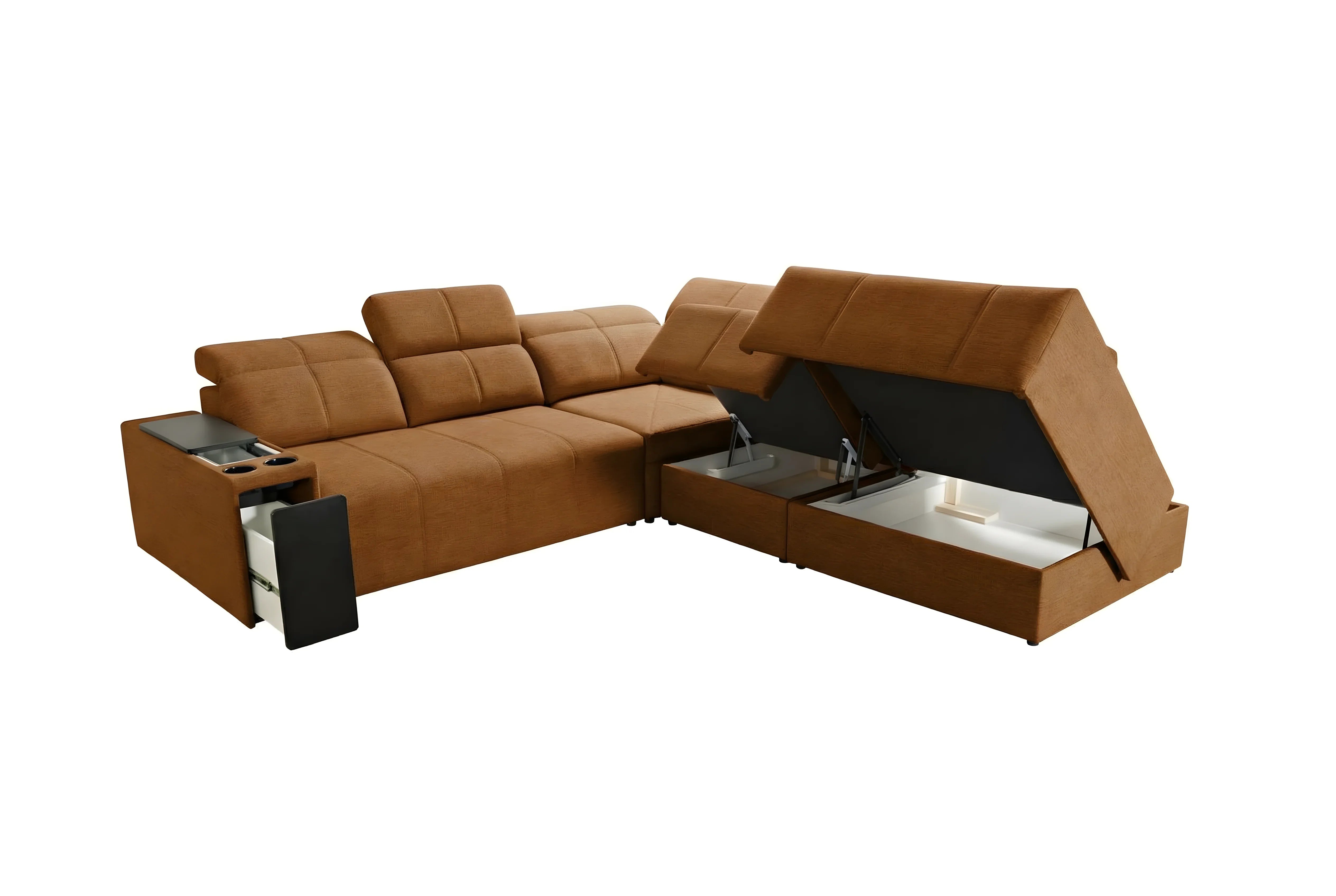 Canapé d'angle convertible marron en tissu avec accoudoirs et rangement intégré, idéal pour salon moderne