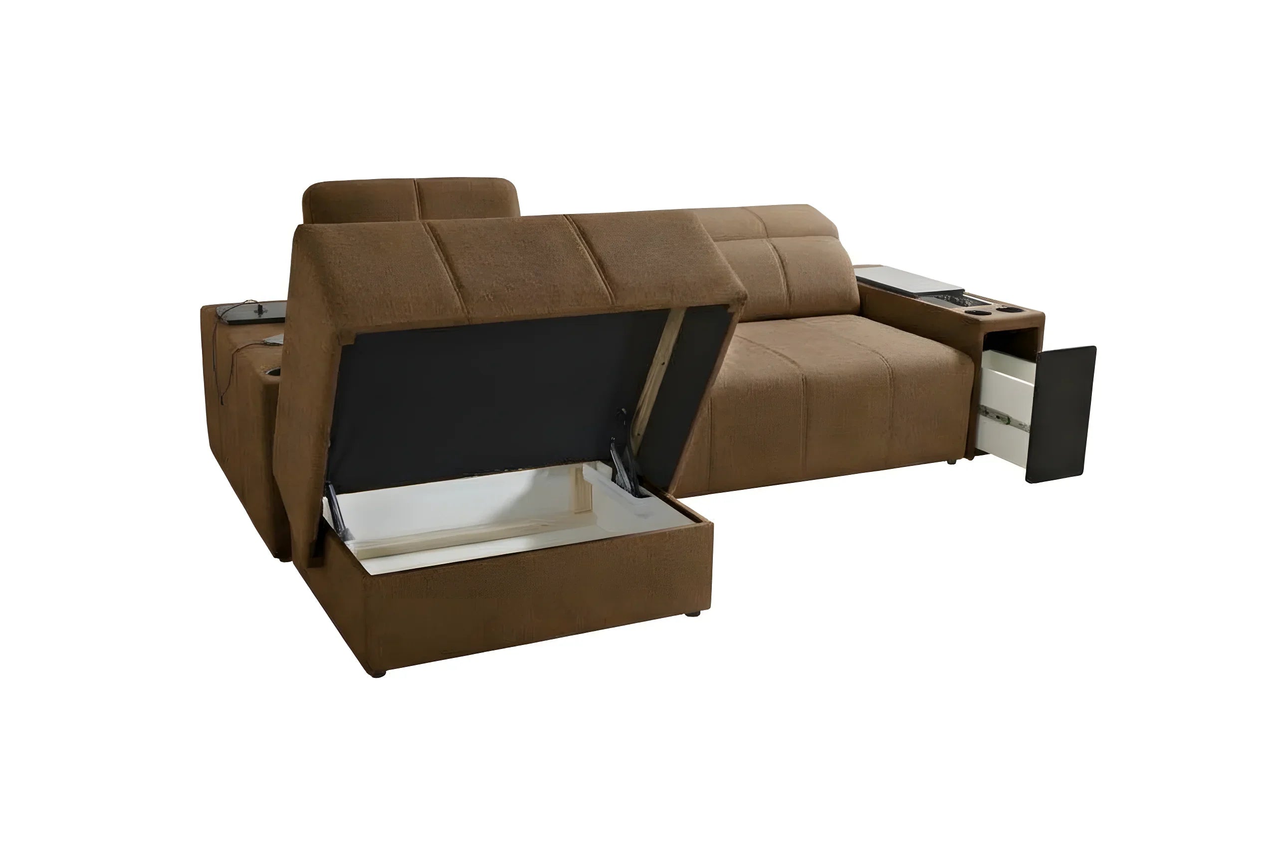Canapé d'angle marron en tissu avec accoudoirs, tiroir, espace de rangement et coussin, parfait pour le salon