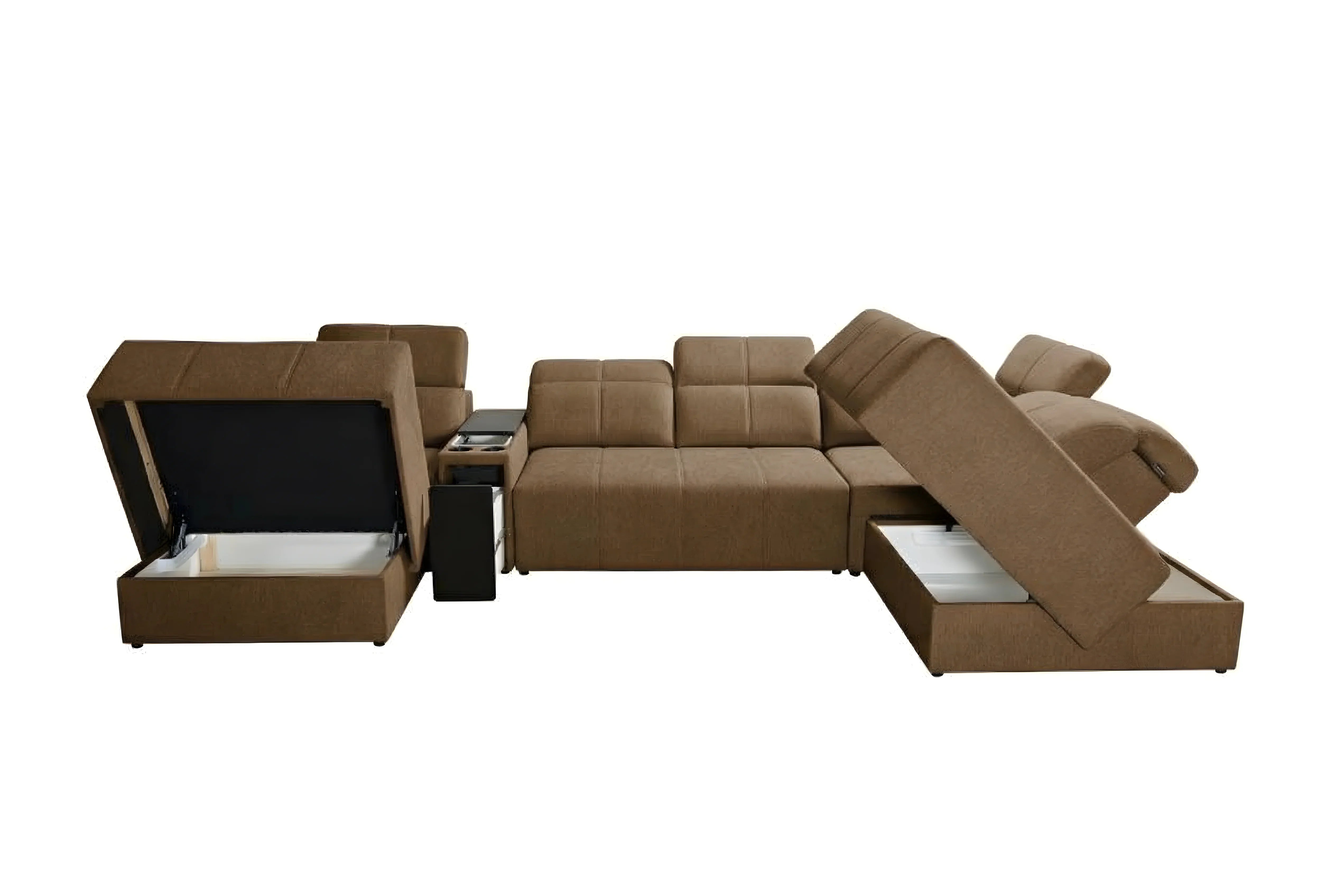 Canapé d'angle marron en tissu avec rangements ouverts, design moderne pour salon contemporain