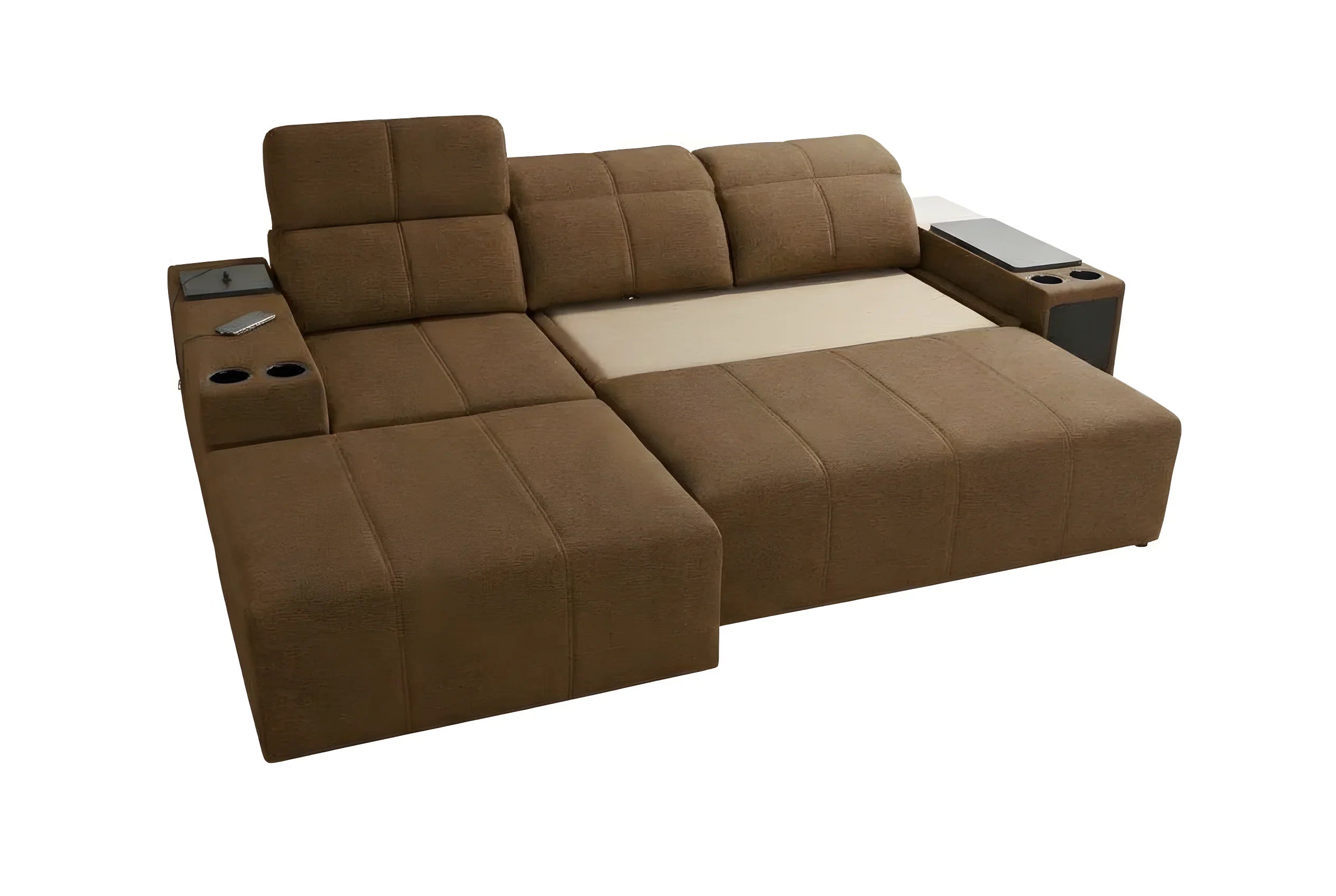 Canapé d'angle convertible marron en tissu. Idéal pour salon, design moderne et confortable.