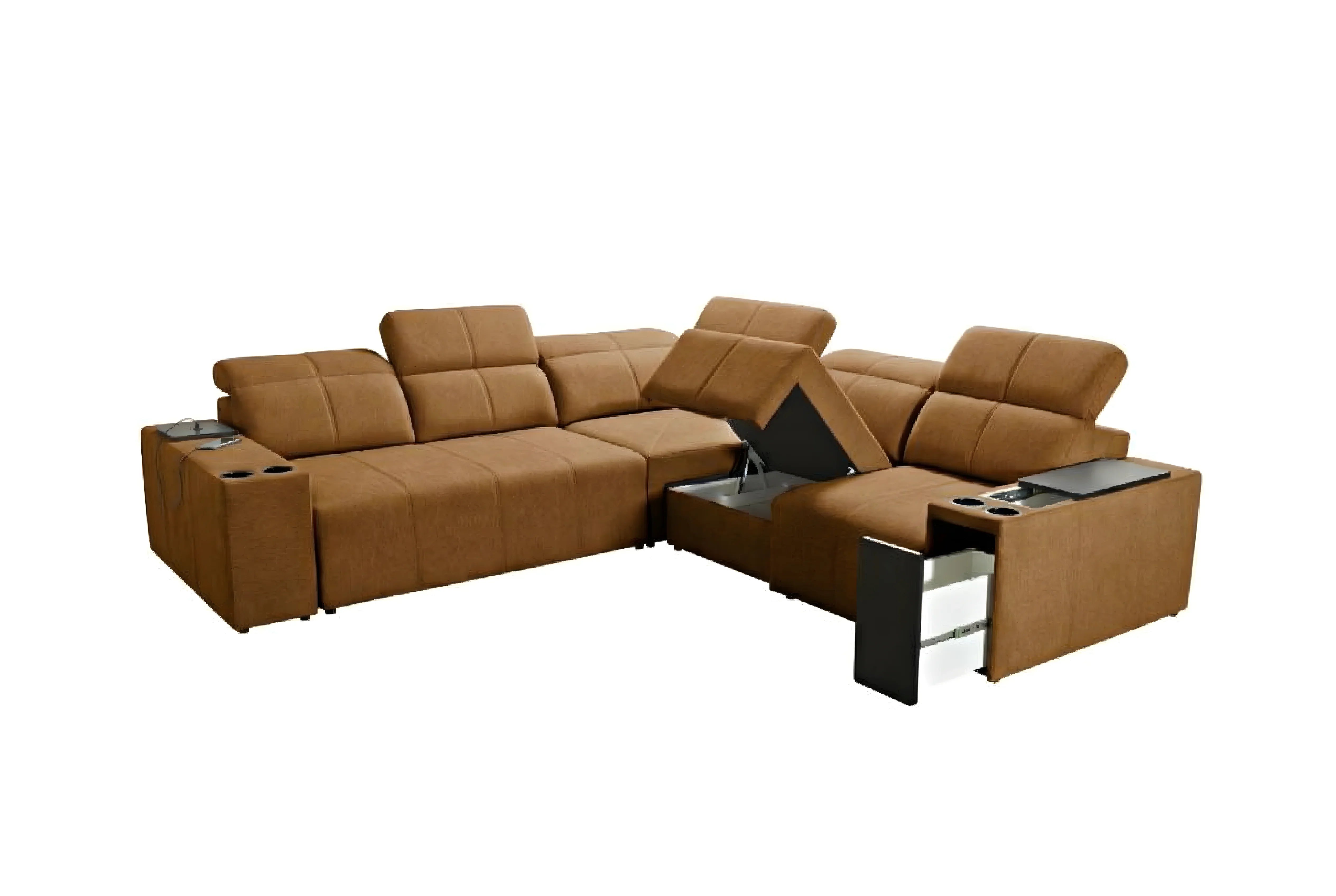 Canapé d'angle marron en tissu avec rangement et porte-gobelets, design moderne pour salon