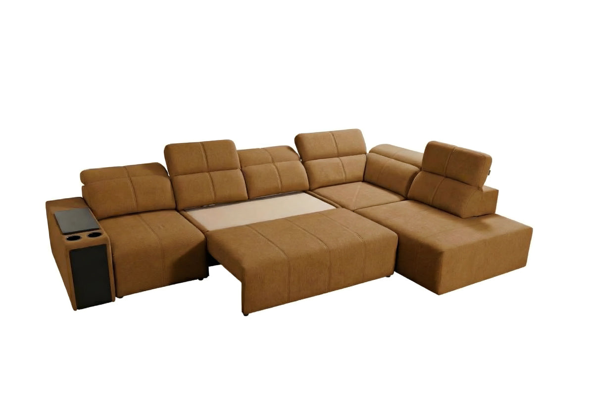 Canapé d'angle marron en tissu avec accoudoirs, convertible pour salon moderne et confortable