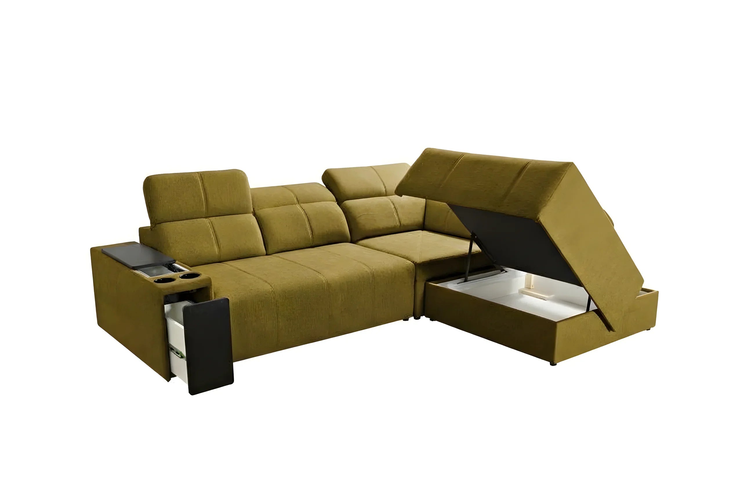 Canapé d'angle convertible vert en tissu. Avec accoudoirs, espace de rangement sous l'assise, parfait pour salon moderne.