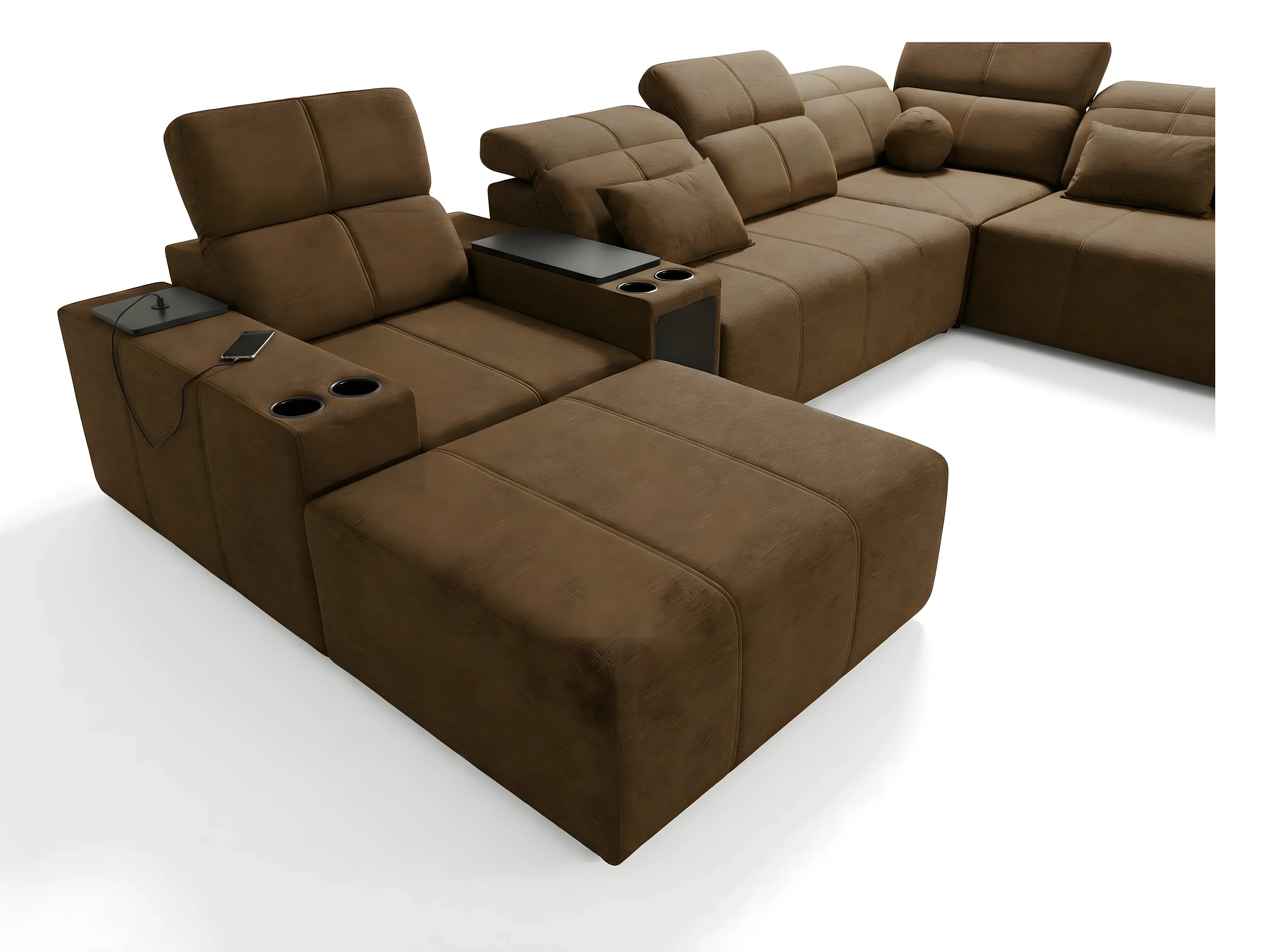 Canapé d'angle marron en cuir, design moderne, avec coussin, accoudoirs, chargeur USB et porte-gobelets, pour salon