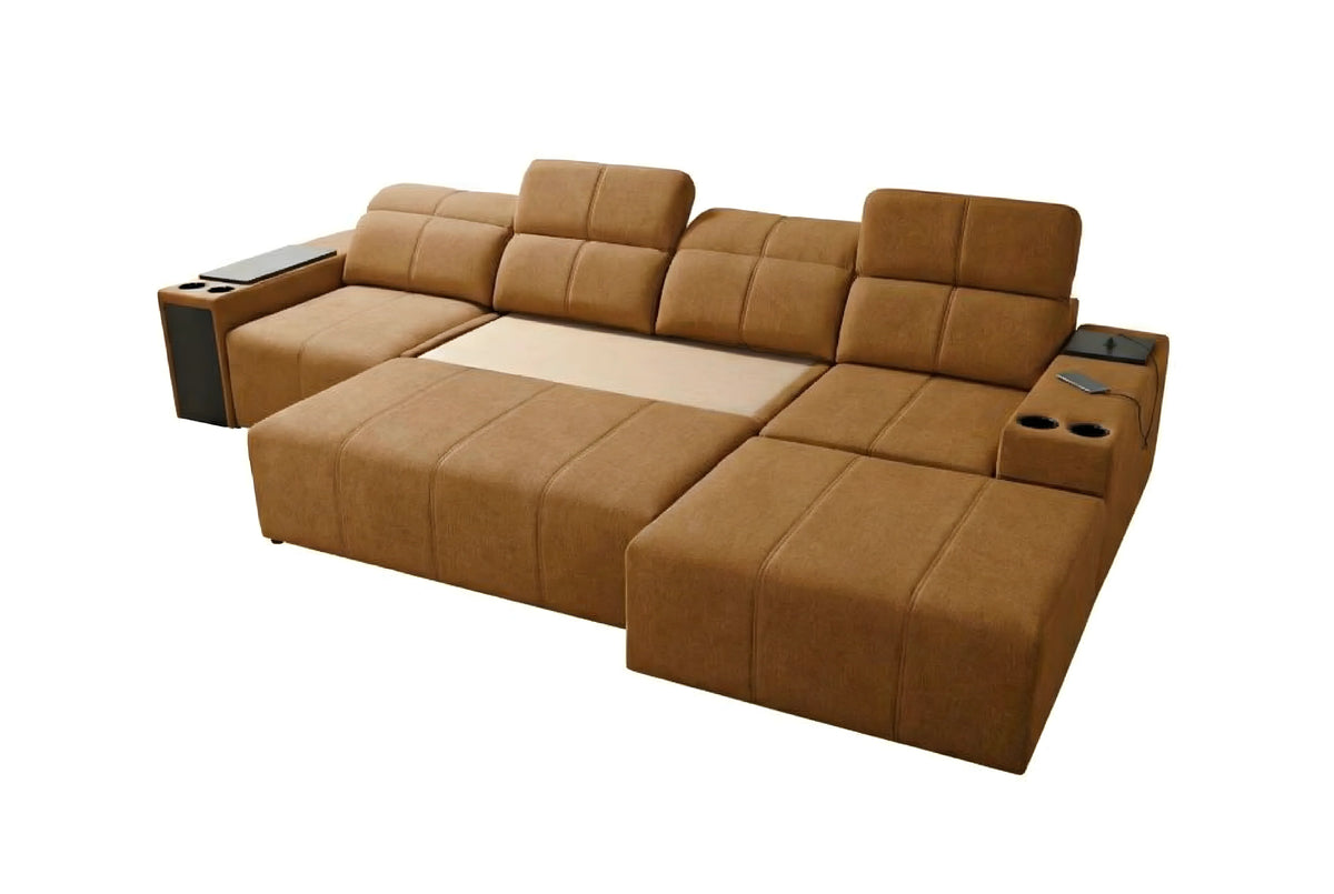 Canapé d'angle en cuir marron avec accoudoirs, porte-gobelets intégrés, tablettes, idéal salon moderne