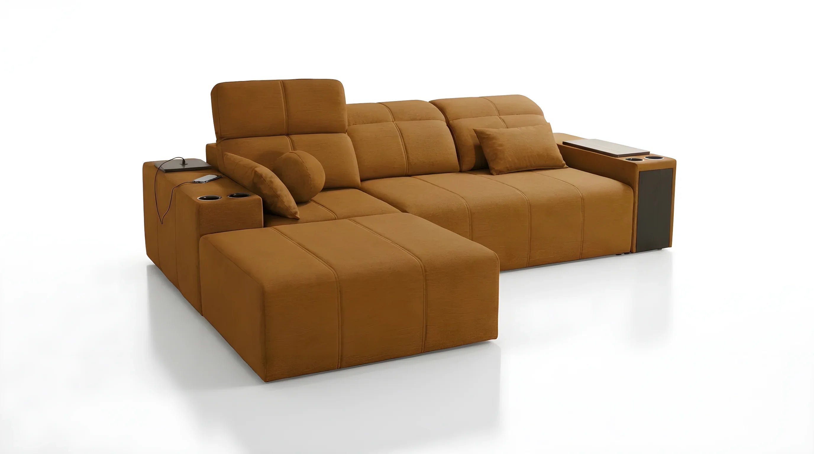 Canapé d'angle en cuir marron avec accoudoir, table intégrée, porte-gobelets et coussin, parfait pour le salon