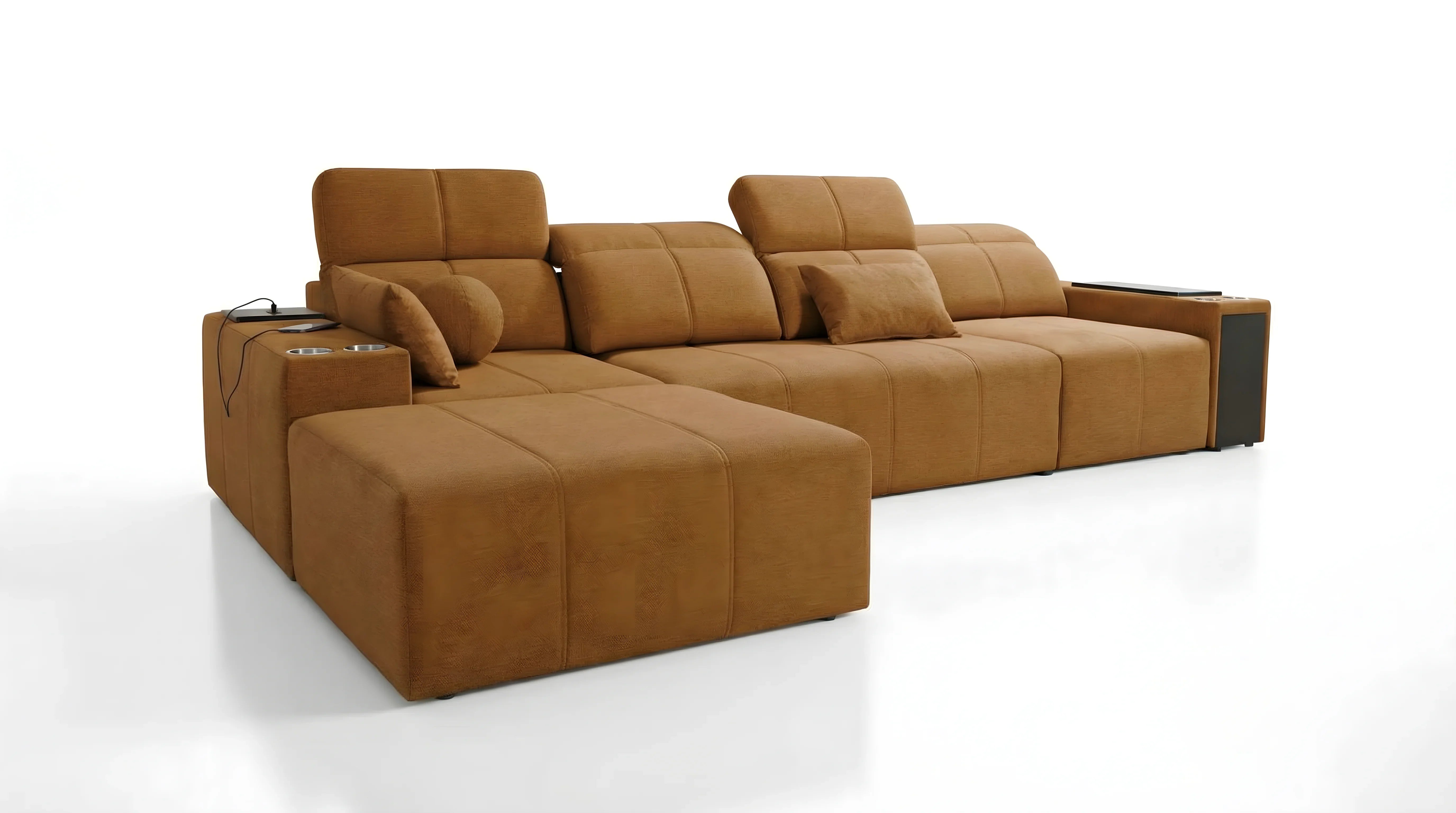 Canapé d'angle en cuir marron avec tablettes intégrées et porte-gobelets, idéal salon moderne