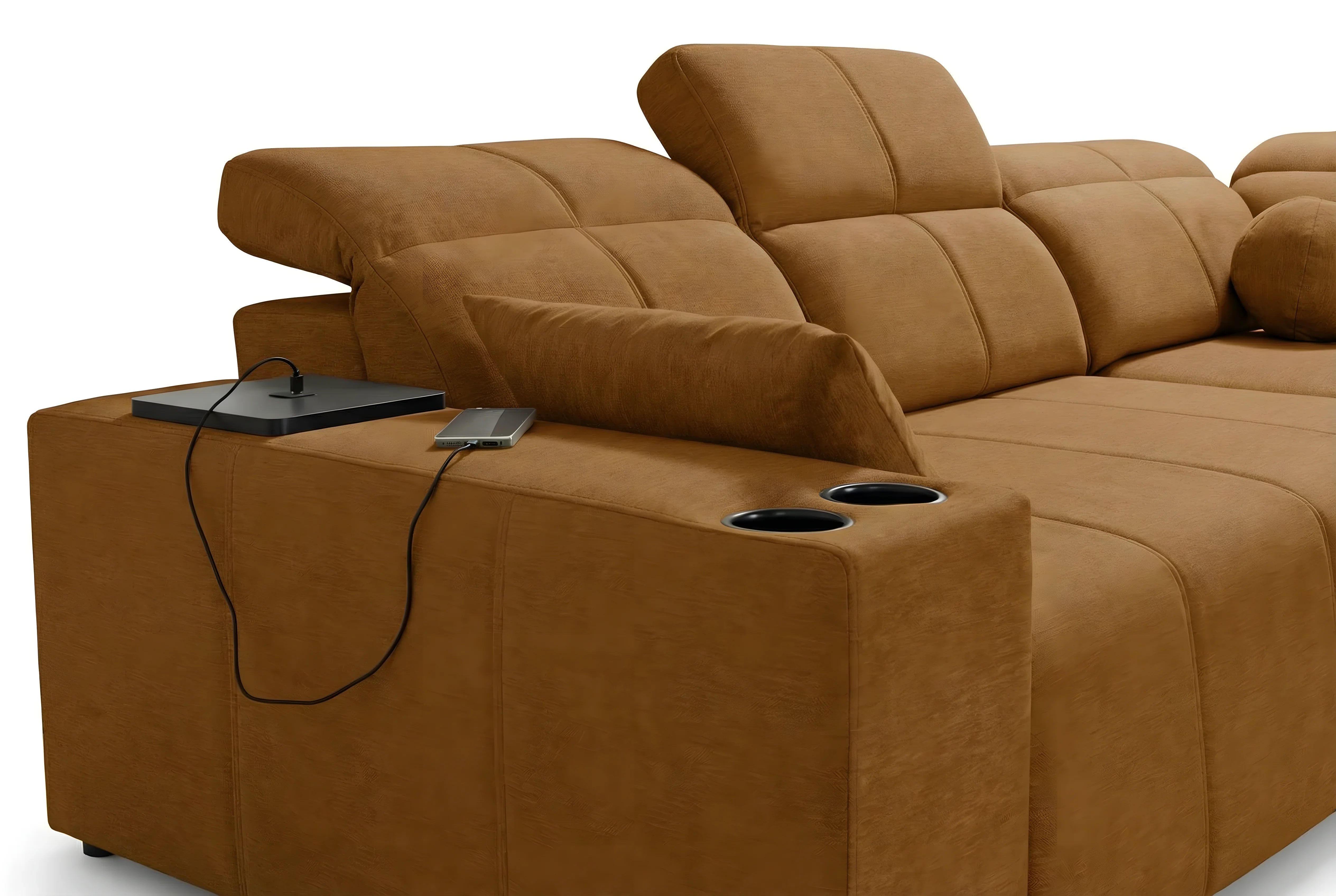 Canapé d'angle marron en microfibre avec accoudoirs, porte-gobelets, chargeur intégré, design moderne et confortable