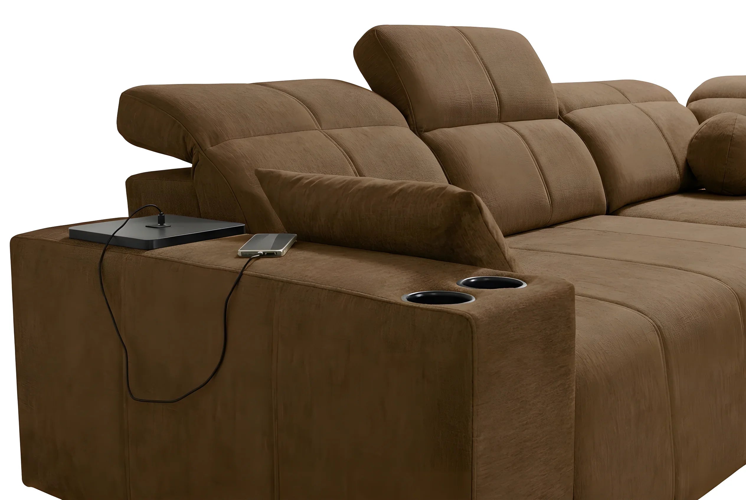Canapé d'angle marron en microfibre avec accoudoir, porte-gobelets, smartphone en charge, parfait pour salon