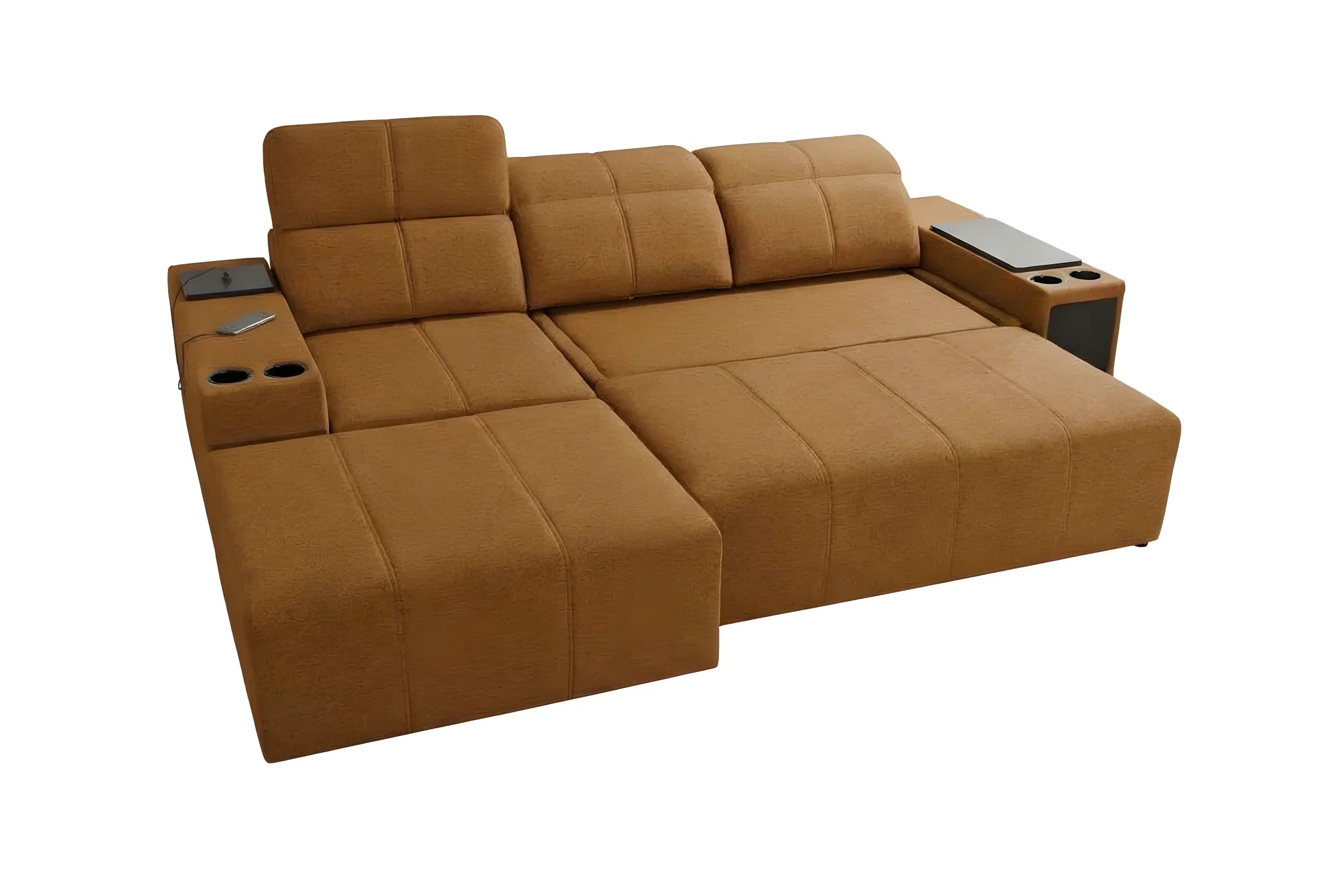 Canapé d'angle marron en tissu avec accoudoirs, tablettes intégrées et design contemporain pour salon