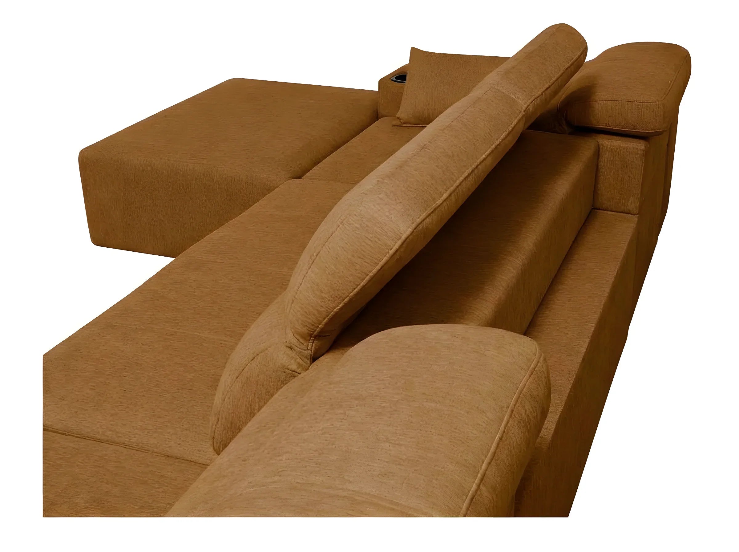 Canapé d'angle en tissu marron clair, avec accoudoirs et coussins, idéal pour le salon moderne