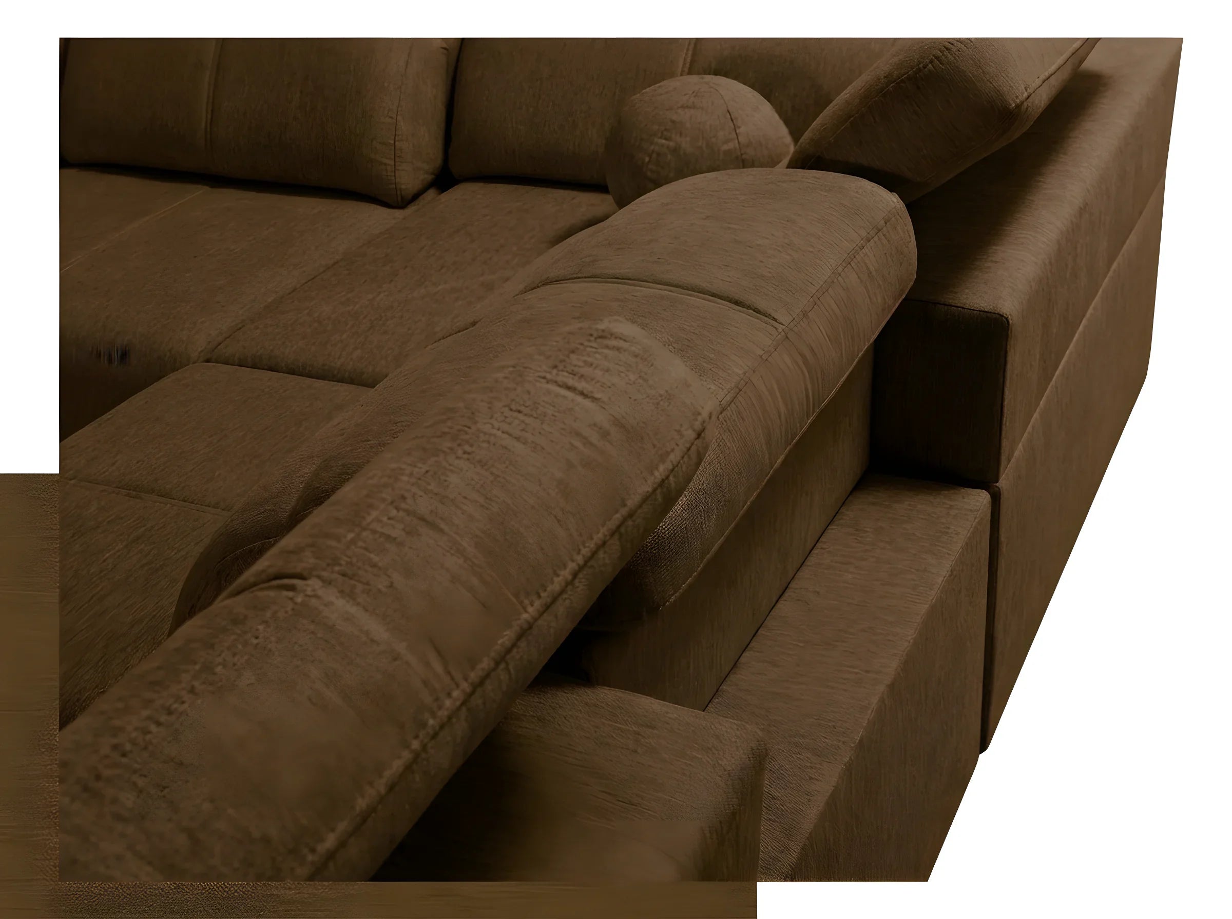 Canapé d'angle marron en tissu texturé, coussins moelleux, idéal pour salon moderne, ambiance chaleureuse