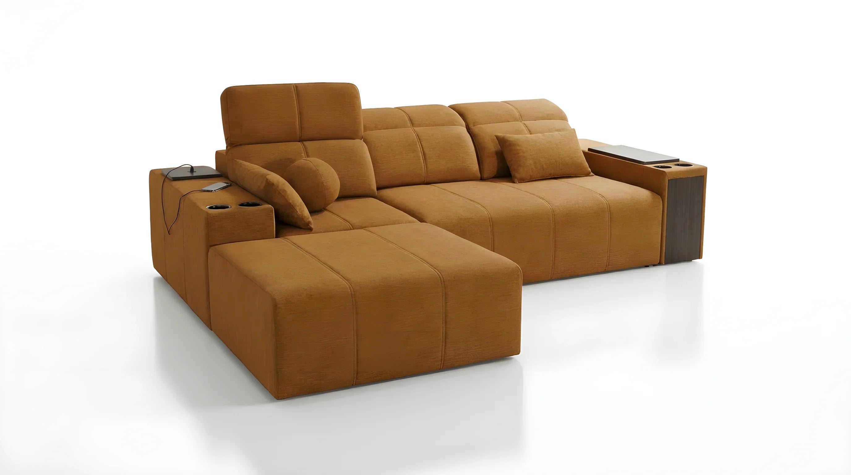 Canapé d'angle orange en tissu, design moderne avec tablettes intégrées pour salon contemporain