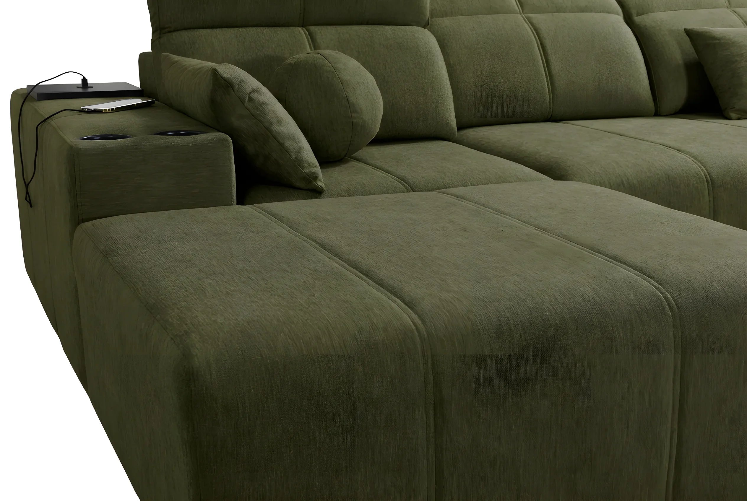 Canapé d'angle vert olive en tissu avec accoudoirs, coussins et espace de chargement pour téléphone, pour salon moderne