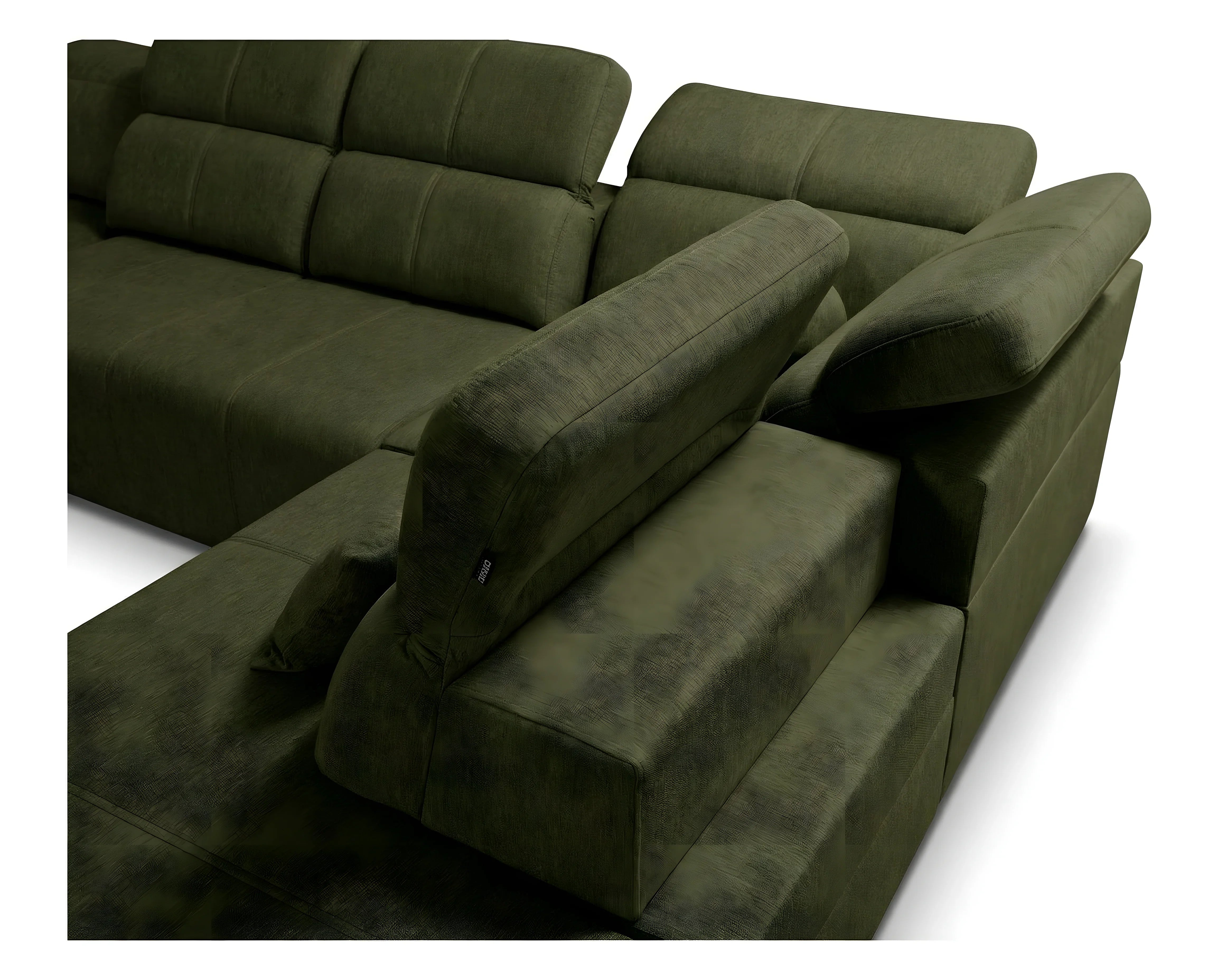 Canapé d'angle vert olive en tissu texturé, design moderne, idéal salon. Accoudoirs inclinables.