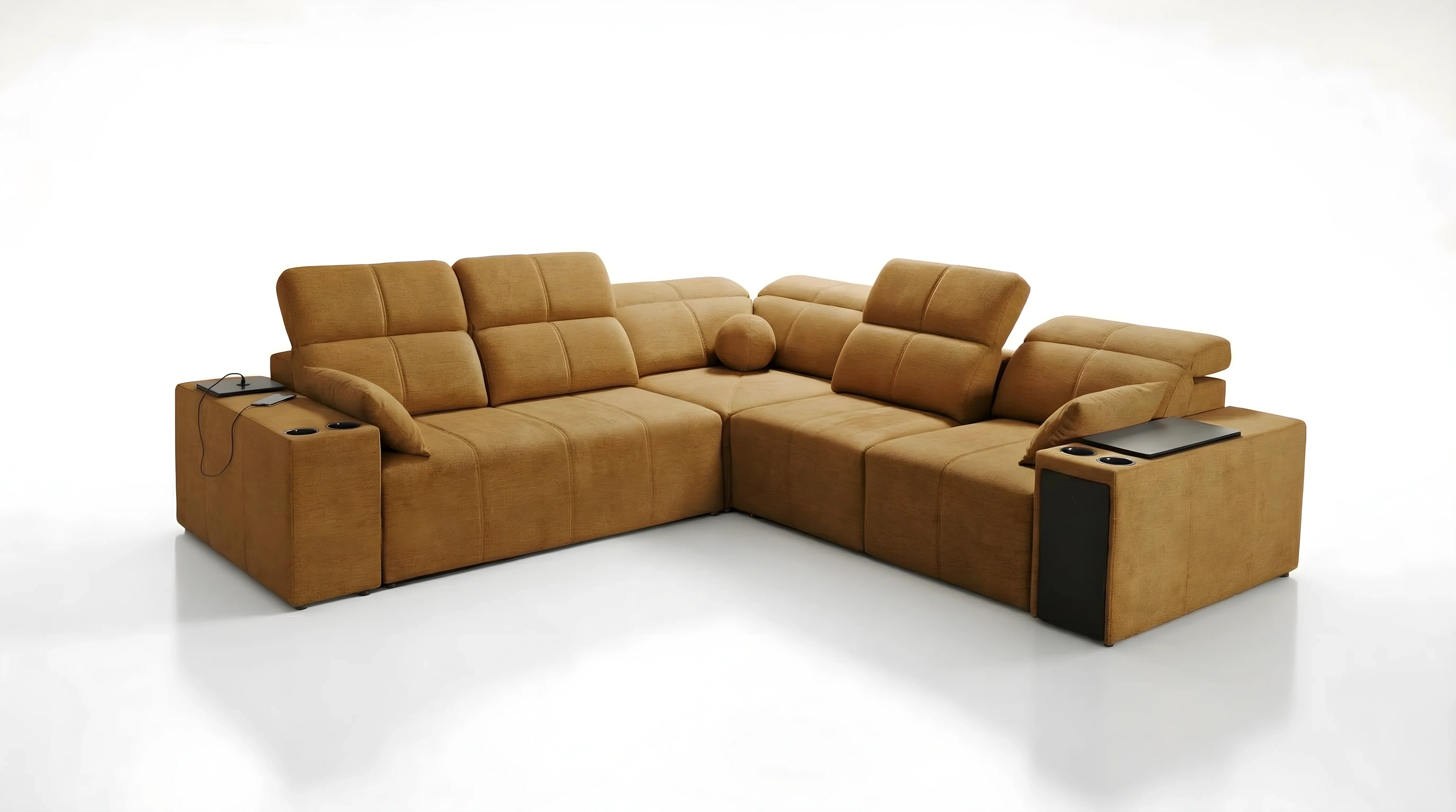 Canapé d'angle marron en velours avec accoudoirs, repose-têtes réglables et tablettes intégrées, ambiance living room