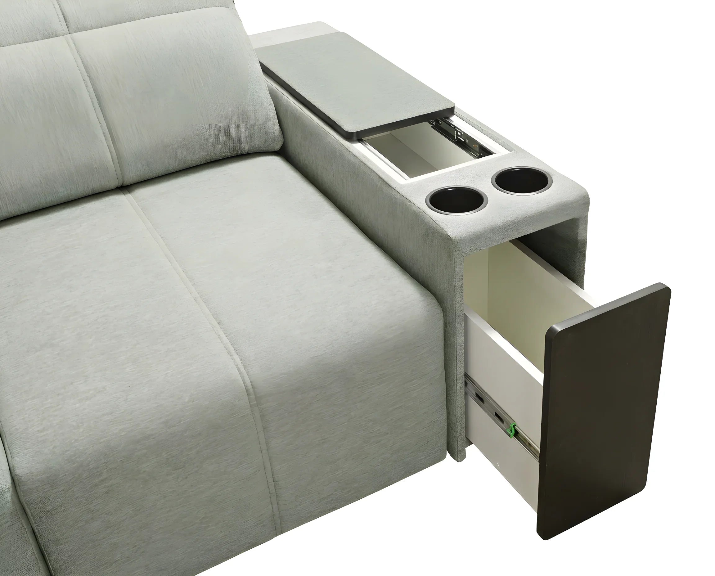 Canapé d'angle gris clair en tissu avec table intégrée, accoudoir avec porte-gobelets et tiroir ouvert, pour salon