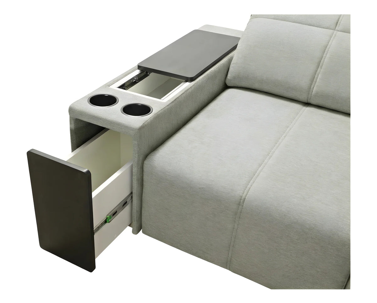 Canapé d'angle gris clair en tissu avec table intégrée et tiroir, idéal salon moderne