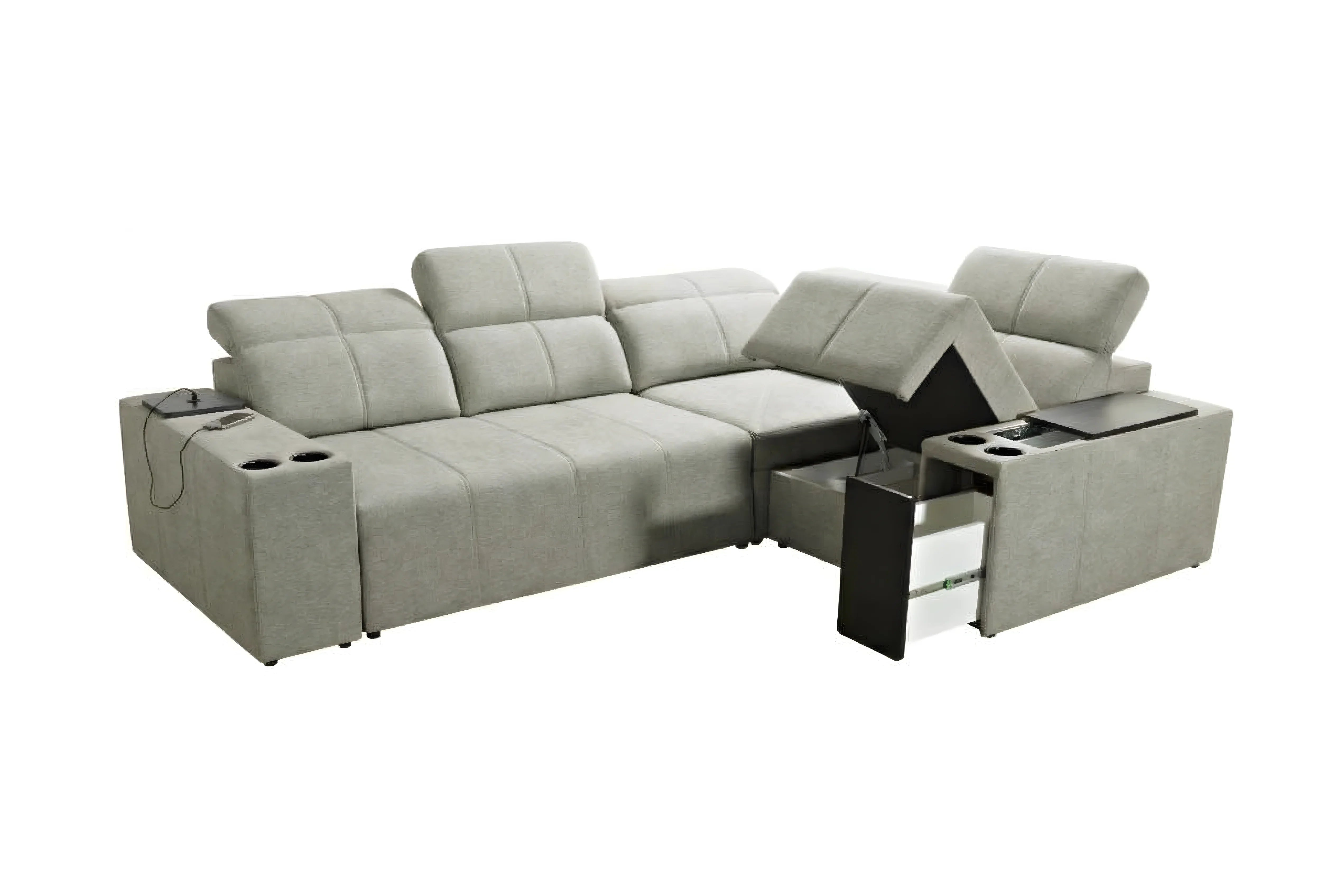 Canapé d'angle gris clair en tissu, design moderne avec coffre intégré, idéal pour salon contemporain