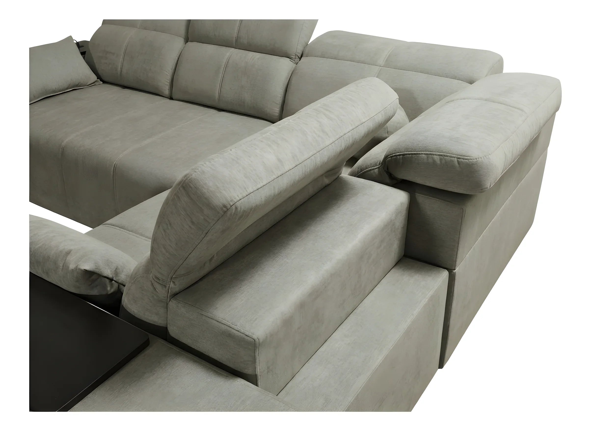 Canapé d'angle gris clair en tissu, design moderne, avec accoudoirs, pour salon et détente