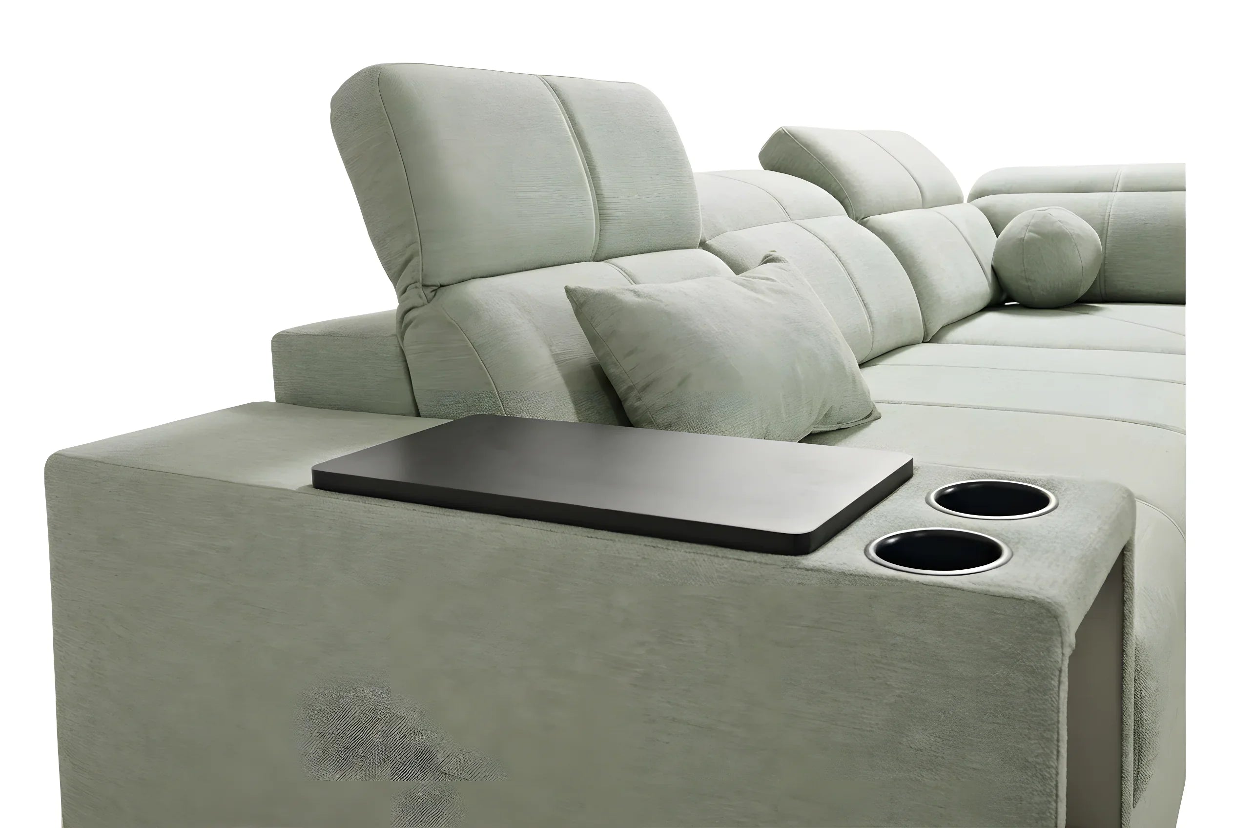 Canapé d'angle gris clair en tissu avec table intégrée et deux porte-gobelets pour le salon contemporain