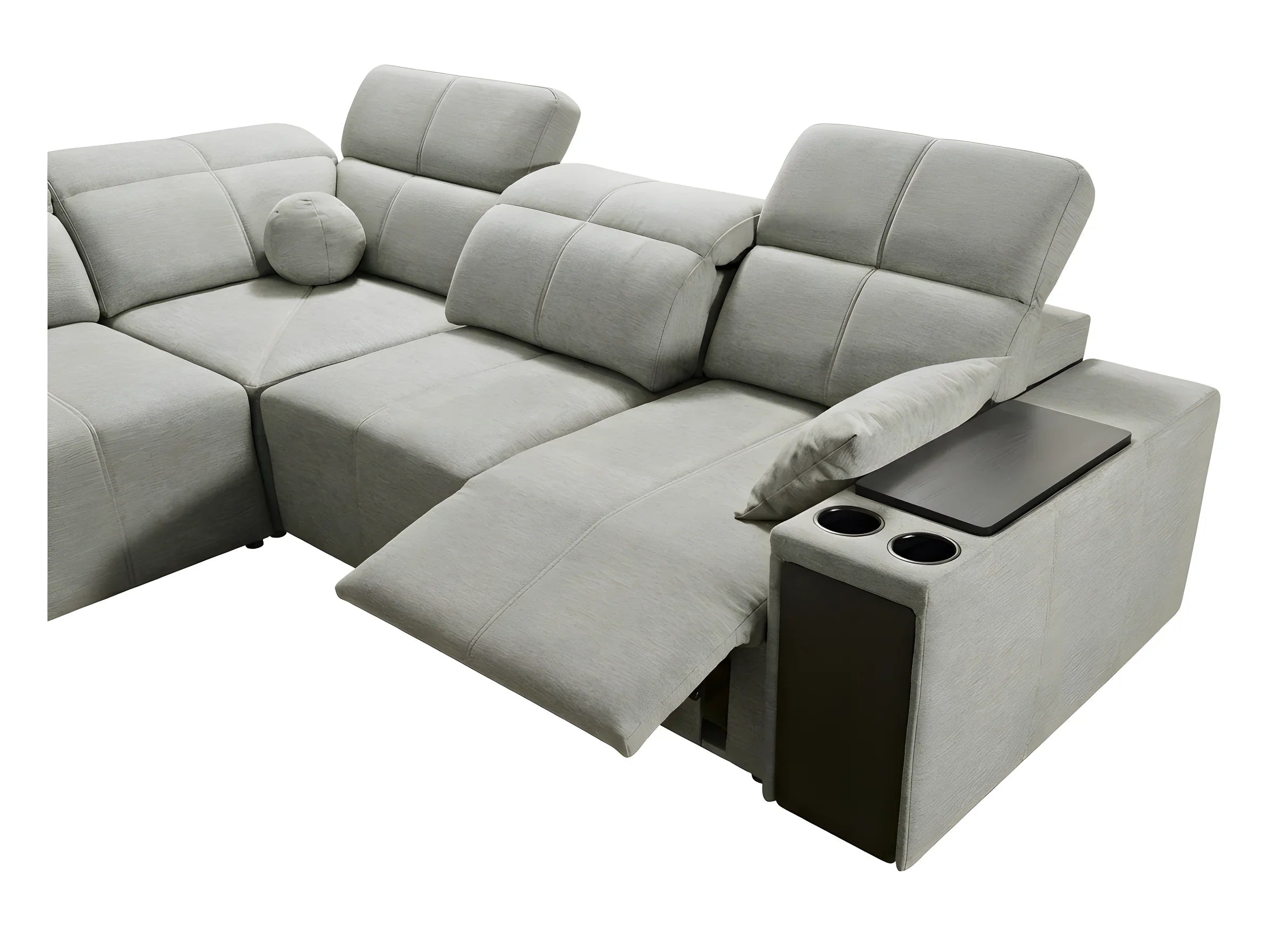 Canapé d'angle gris clair en tissu avec dossier ajustable et porte-gobelets, design moderne et confortable