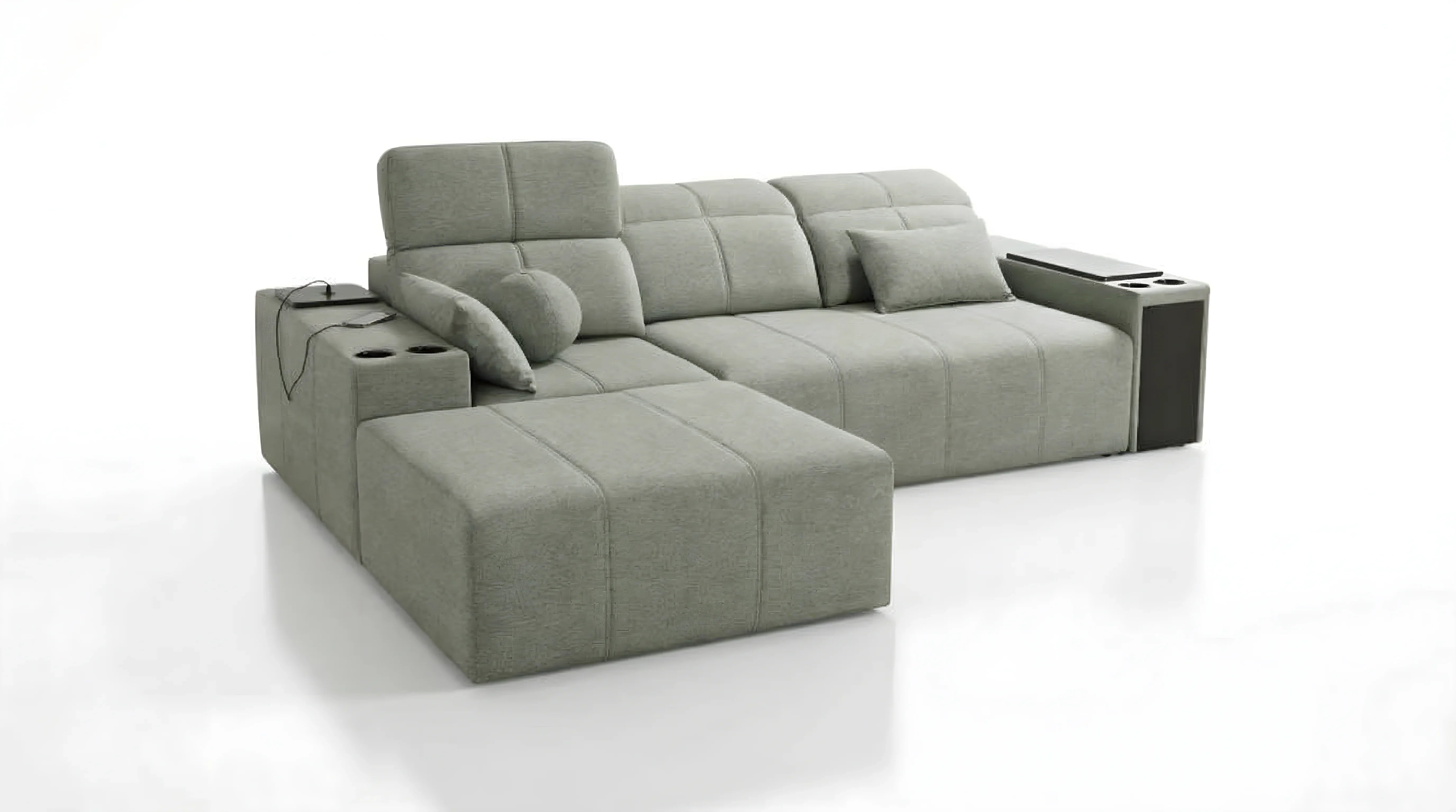 Canapé d'angle en tissu gris clair, avec accoudoirs, coussins et porte-gobelets, pour salon moderne