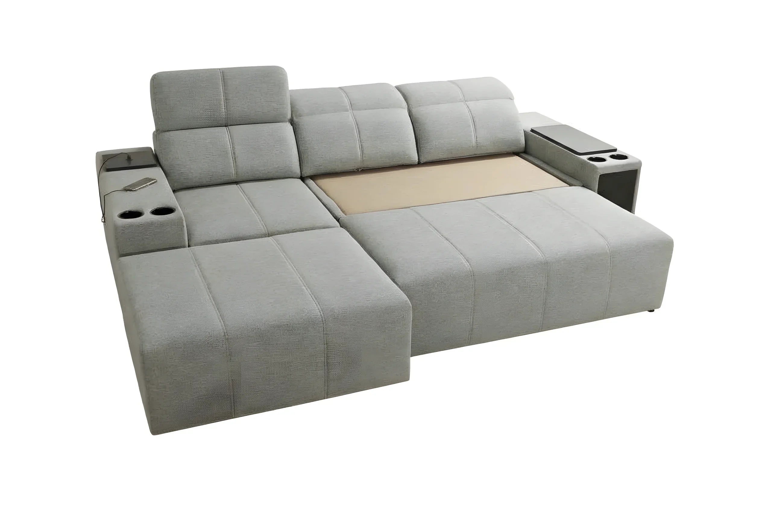 Canapé d'angle gris en tissu, convertible, moderne, avec accoudoirs et détails pour salon