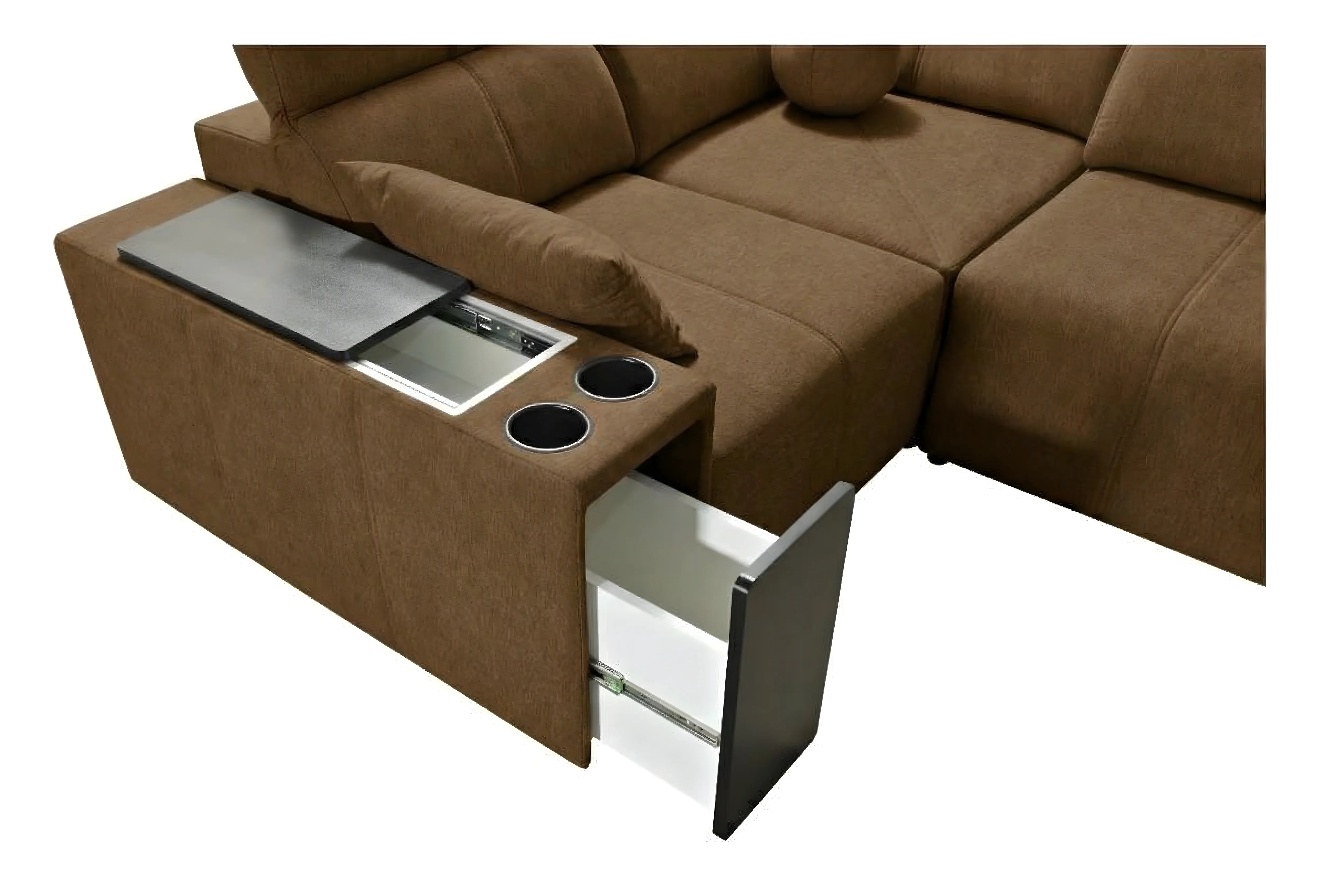 Canapé d'angle marron en tissu avec accoudoir, porte gobelets et tiroir ouvert, salon moderne